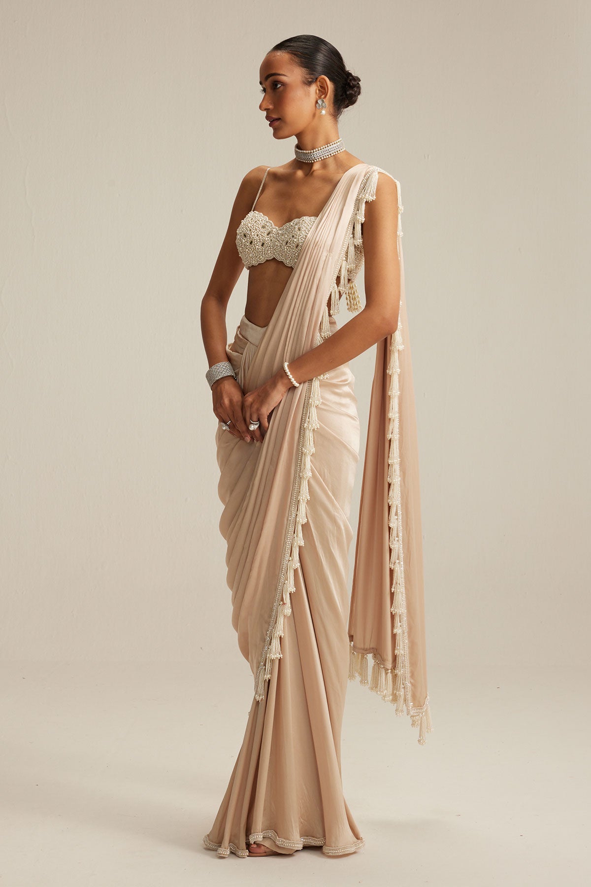 Light Beige mirror and pearl Satin Draped Saree set