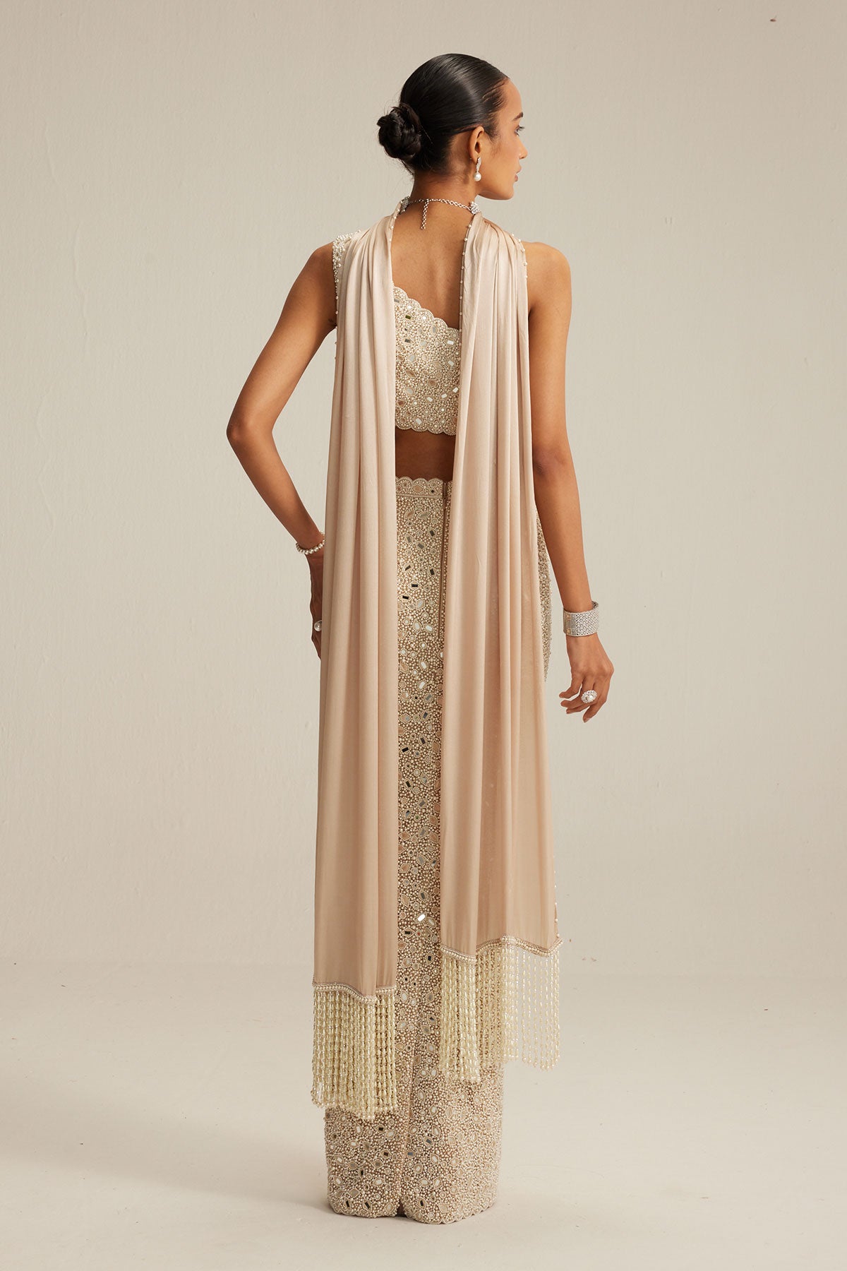 Light Beige One Shoulder Pencil Skirt With Stole Set