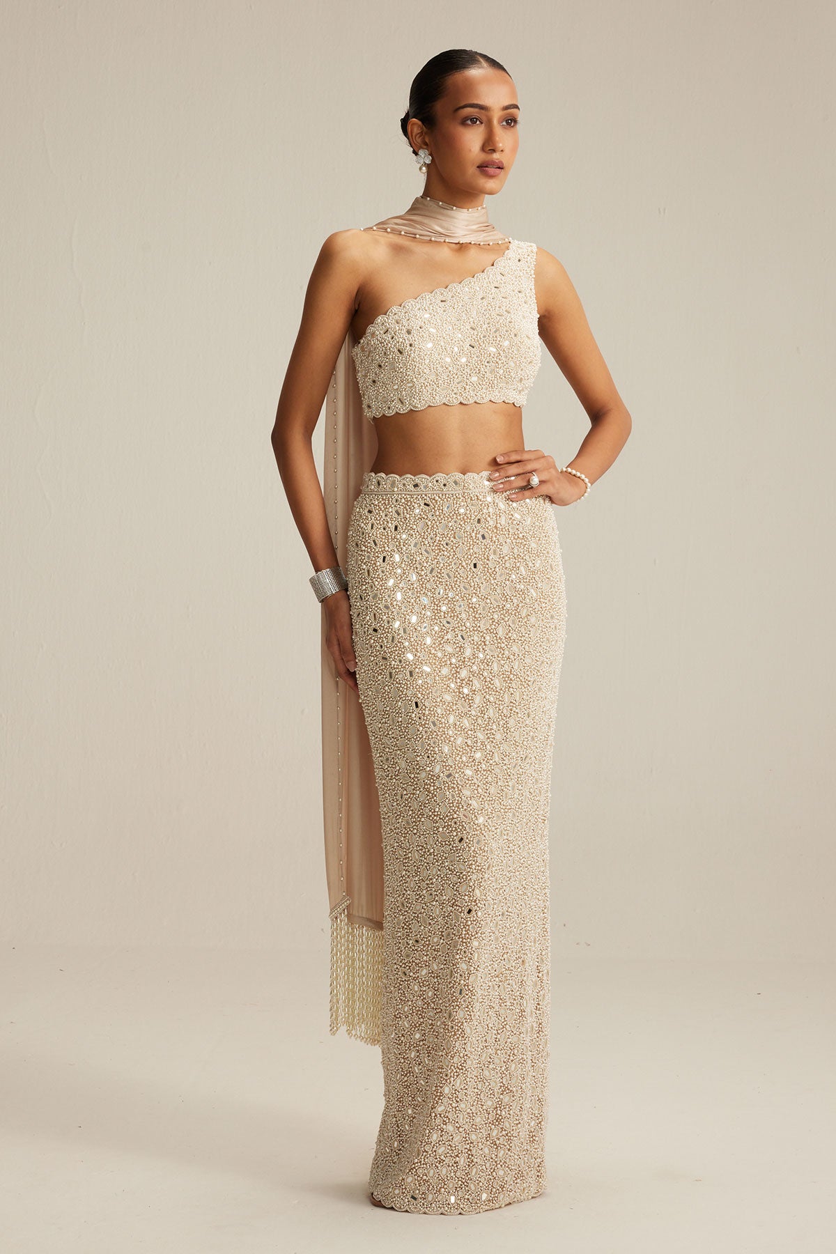 Light Beige One Shoulder Pencil Skirt With Stole Set