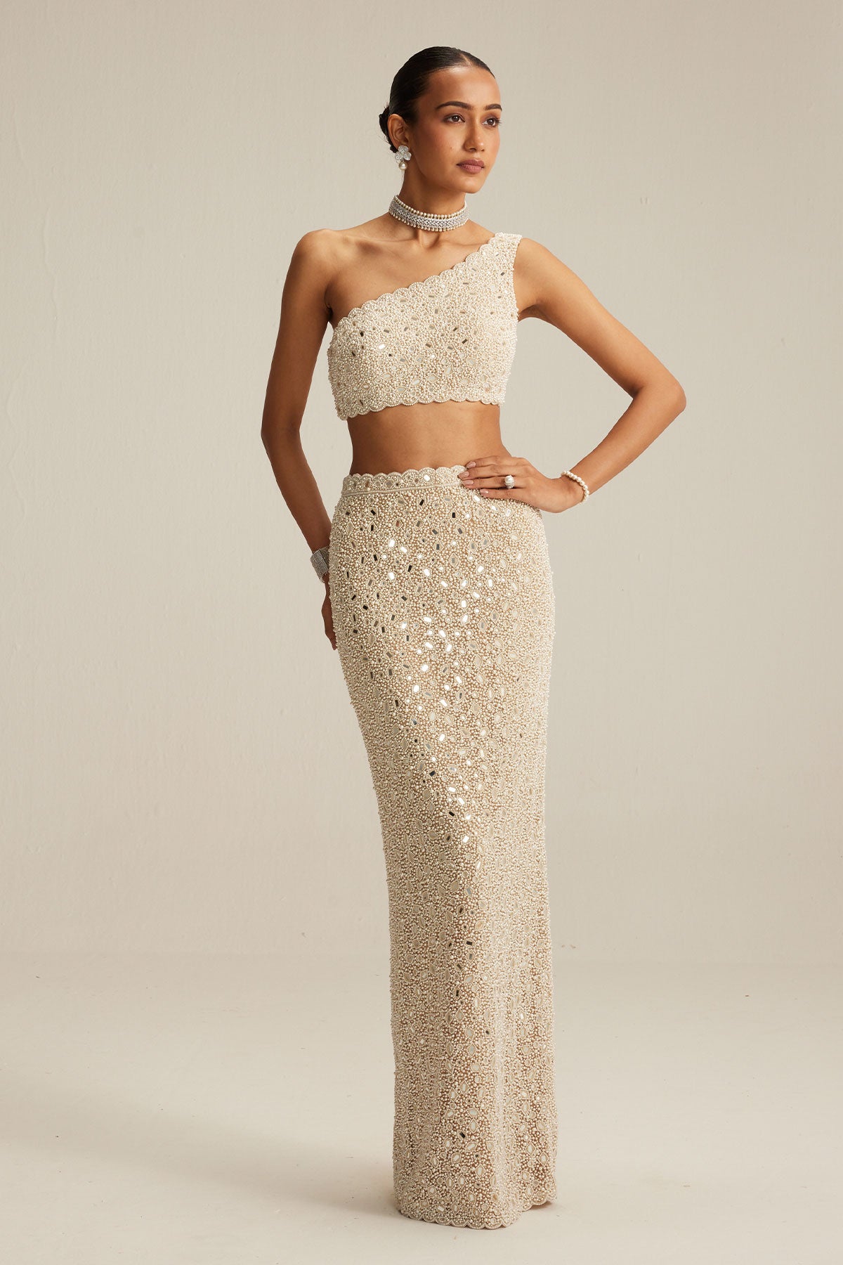 open lace back dress Light Beige One Shoulder Pencil Skirt Set. 6 / Regular