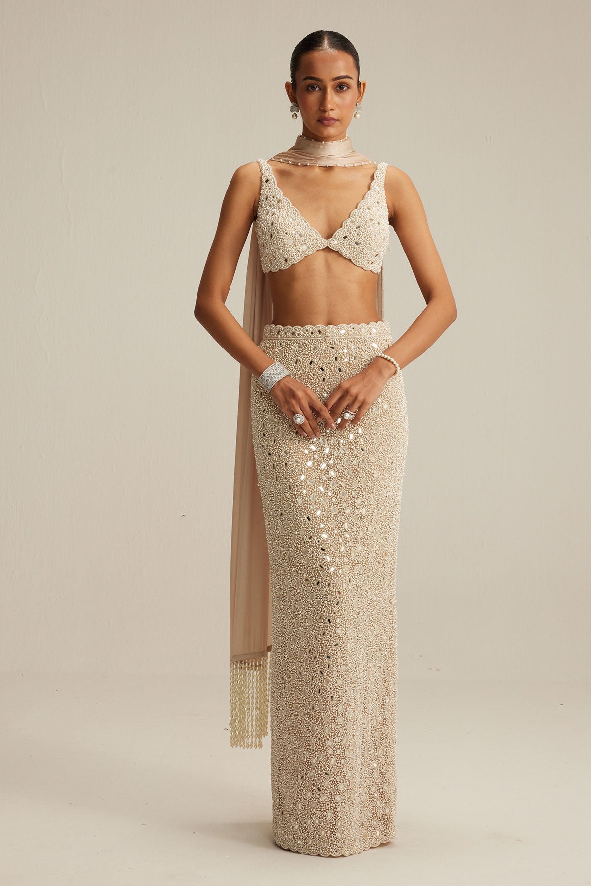 Vani Vats Light Beige V neck Pencil Skirt Set. CUSTOM / Tall