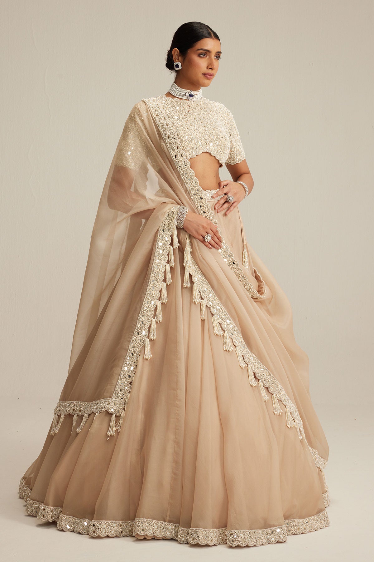 Light Beige High Neck Organza mirror and pearl lehenga set