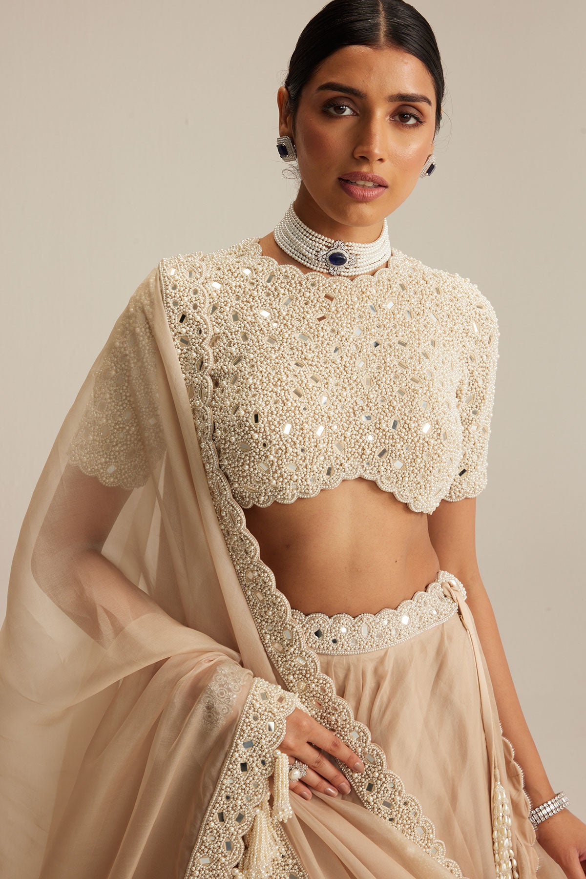 Light Beige High Neck Organza mirror and pearl lehenga set
