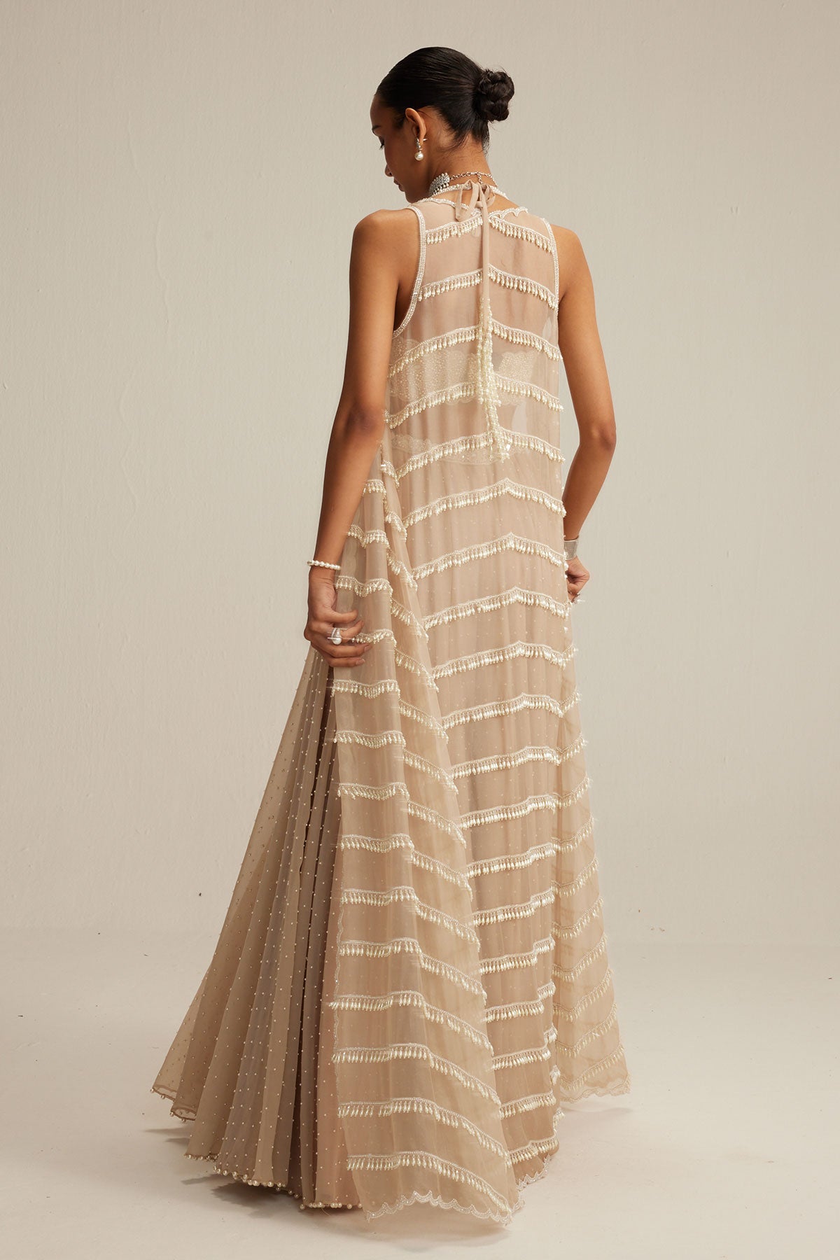 Light Beige Pearl Drop Jacket Set.