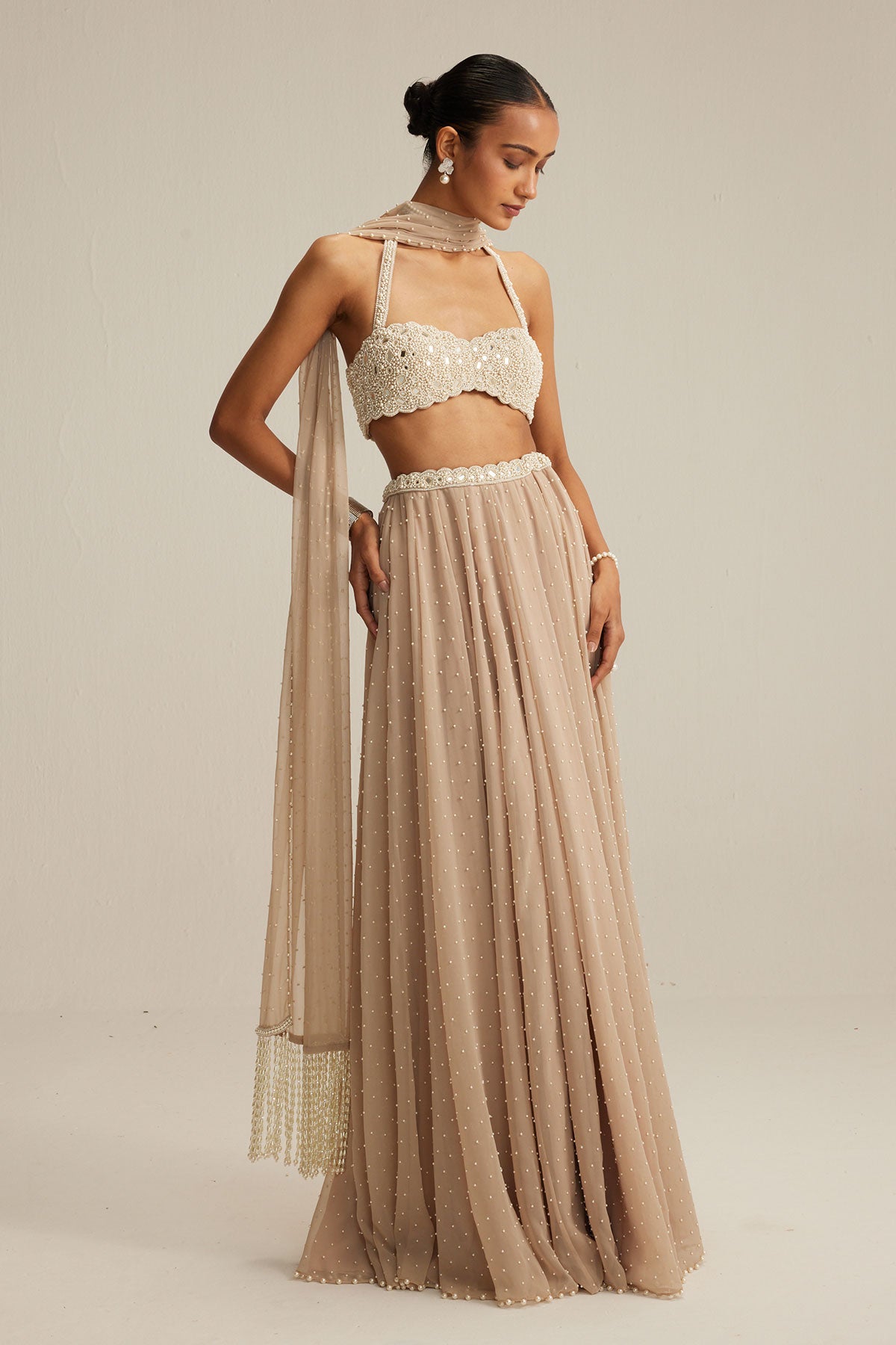 Light Beige Skirt Set With Halter Neck Blouse