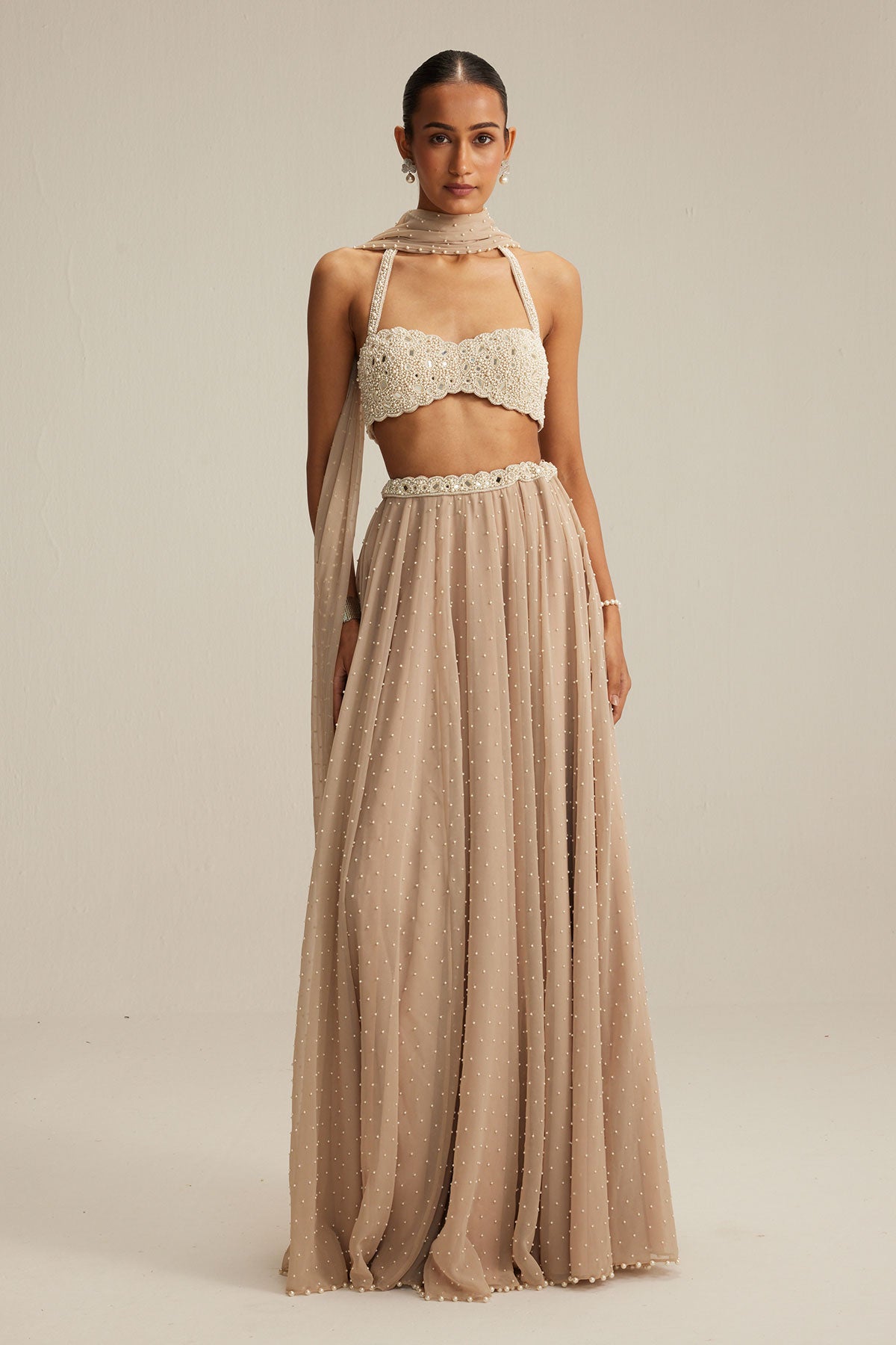 Light Beige Skirt Set With Halter Neck Blouse