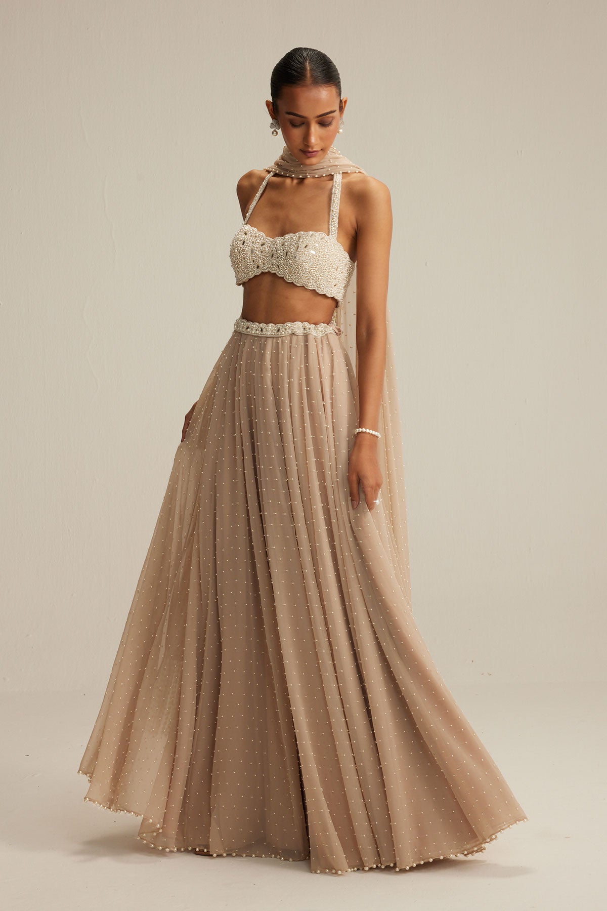 Light Beige Skirt Set With Halter Neck Blouse