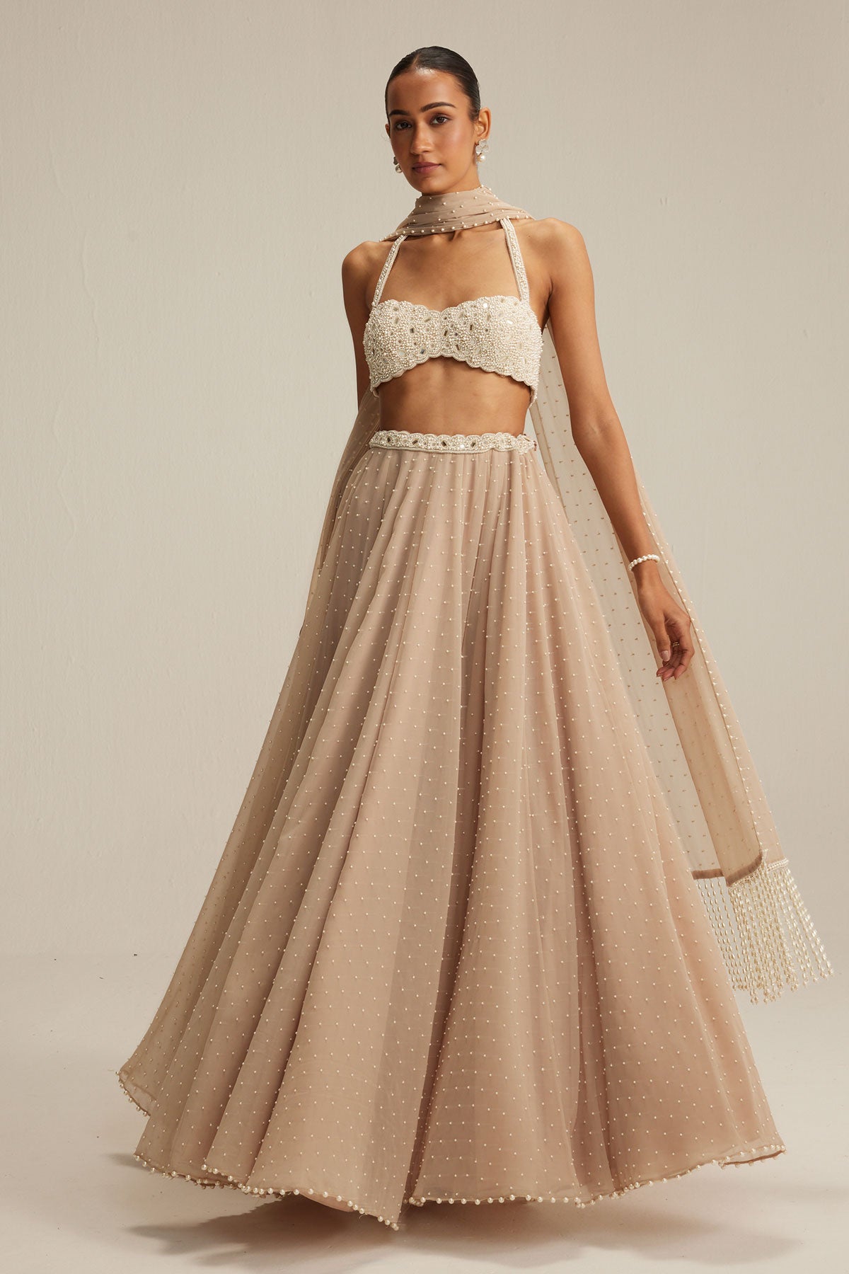 Light Beige Skirt Set With Halter Neck Blouse