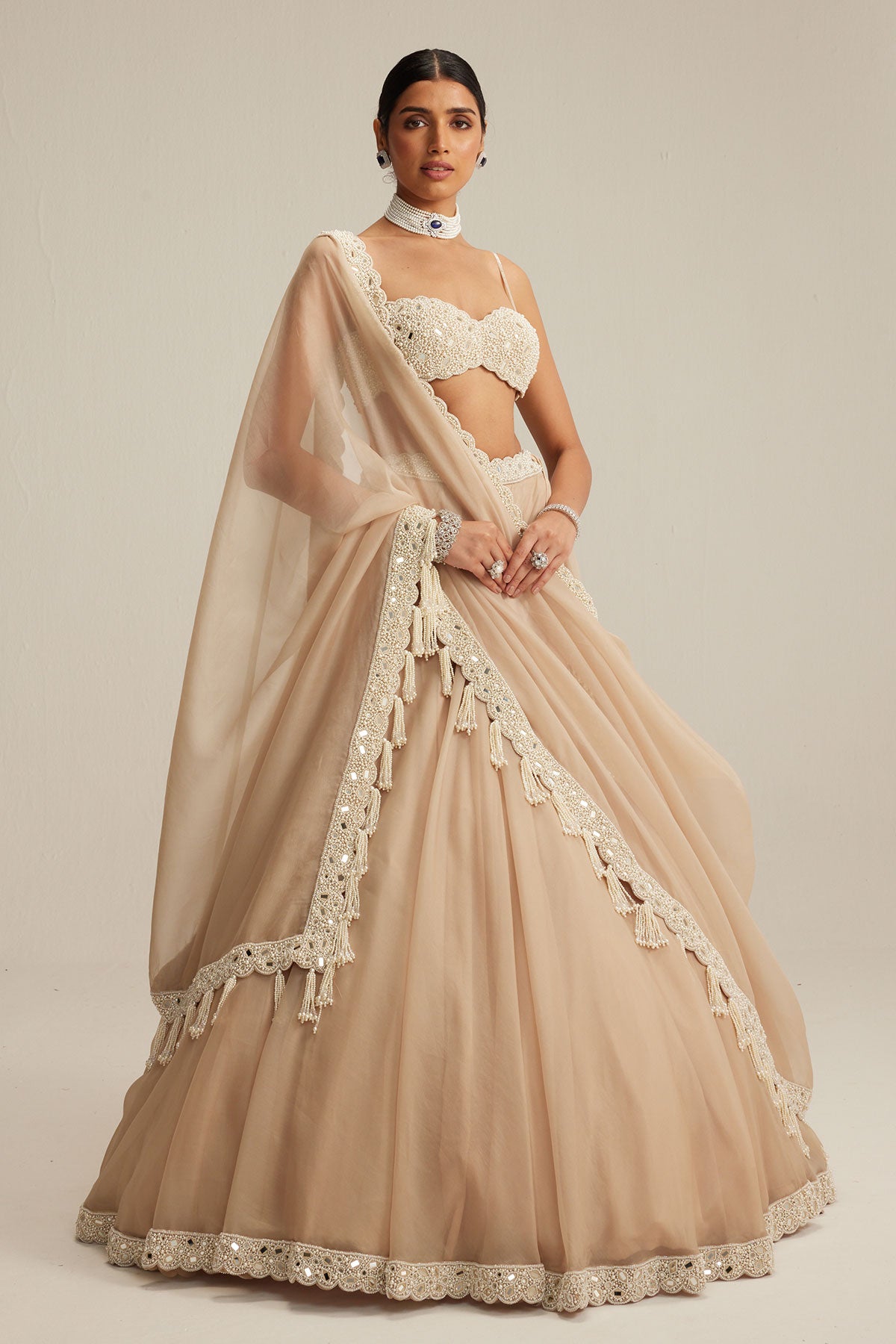 Light Beige Organza mirror and pearl lehenga set