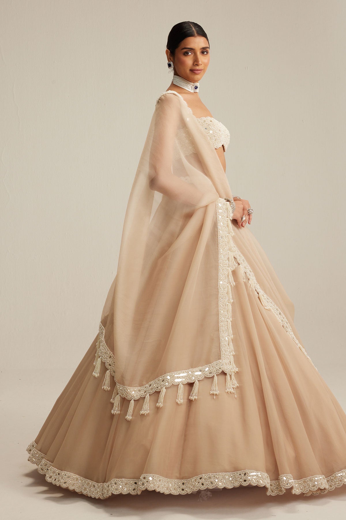 Light Beige Organza mirror and pearl lehenga set