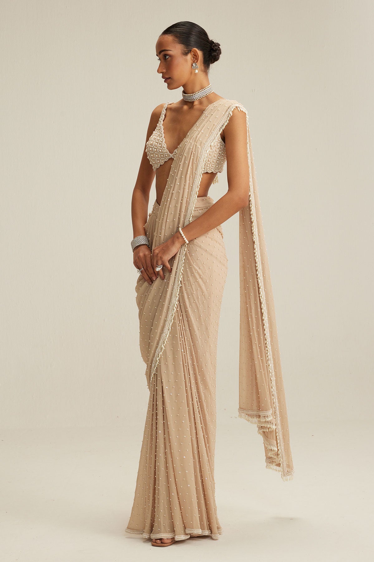 Light Beige Draped Saree Set