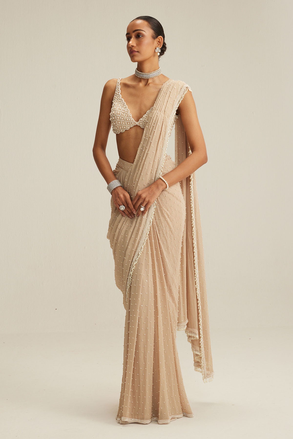 Light Beige Draped Saree Set