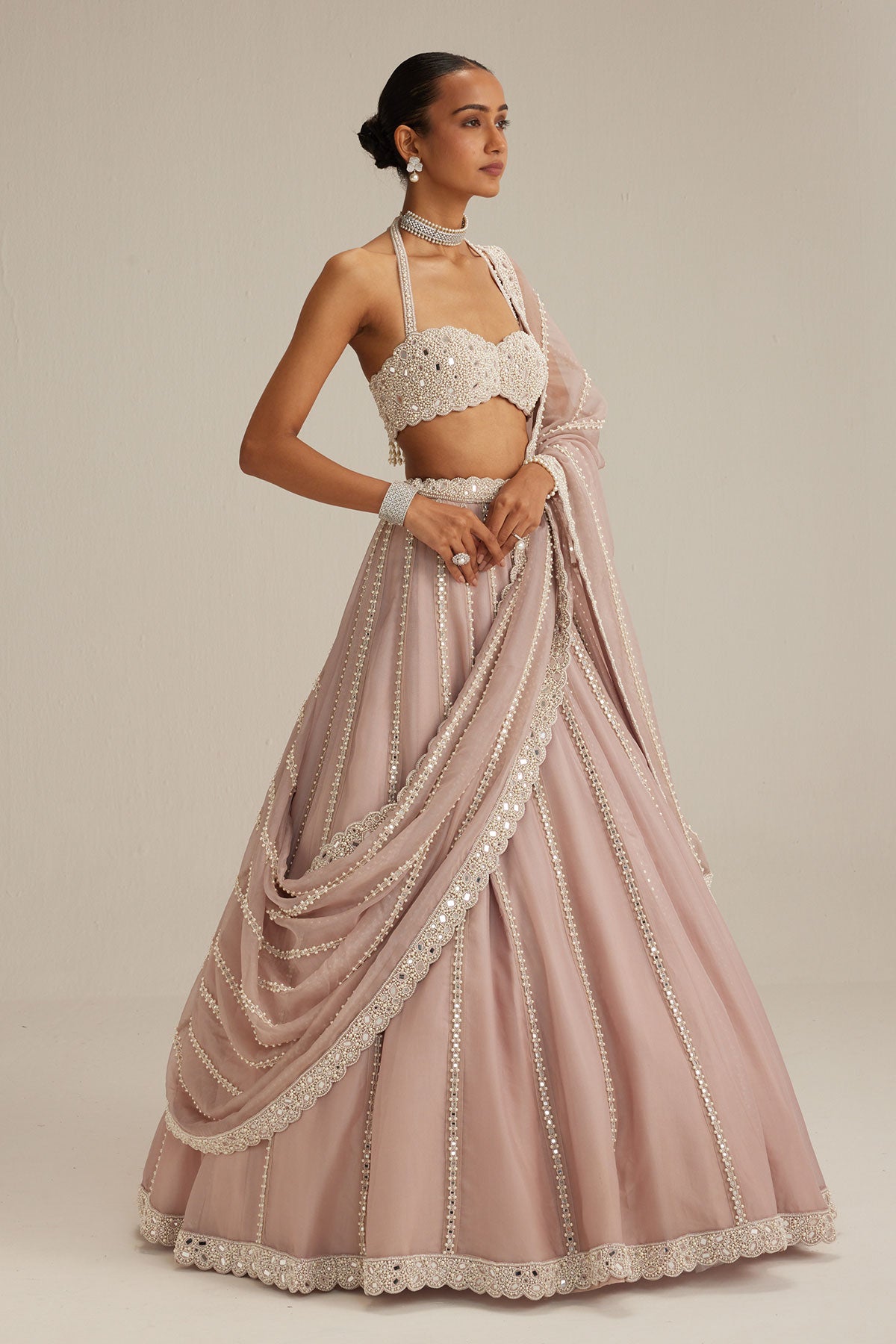 Ash Pink linear embroidered Organza Lehenga Set