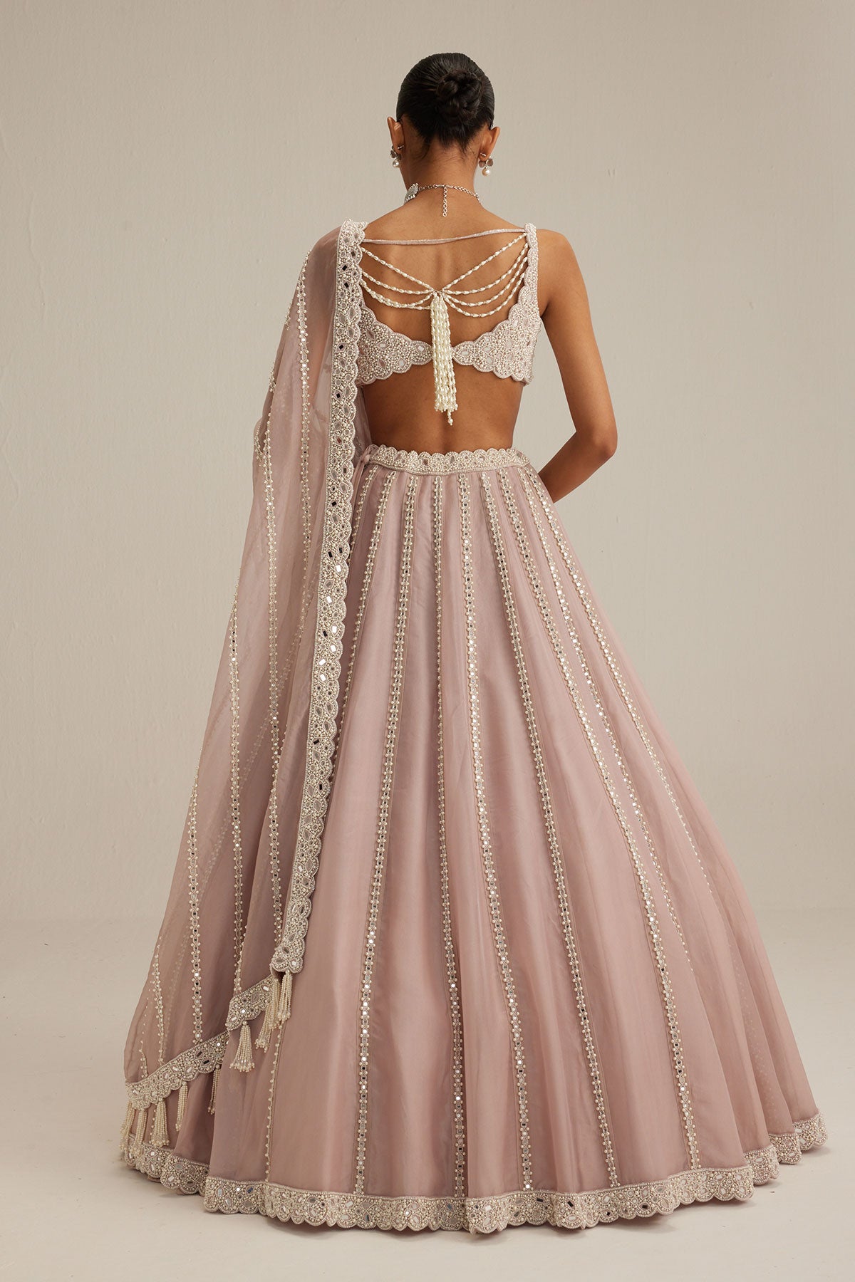 Ash Pink Pearl Mirror linear Lehenga with V neck Blouse