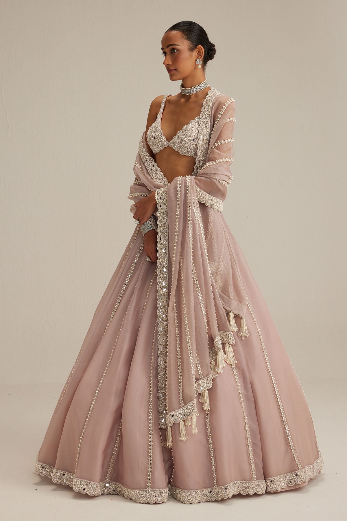 Ash Pink Pearl Mirror linear Lehenga with V neck Blouse