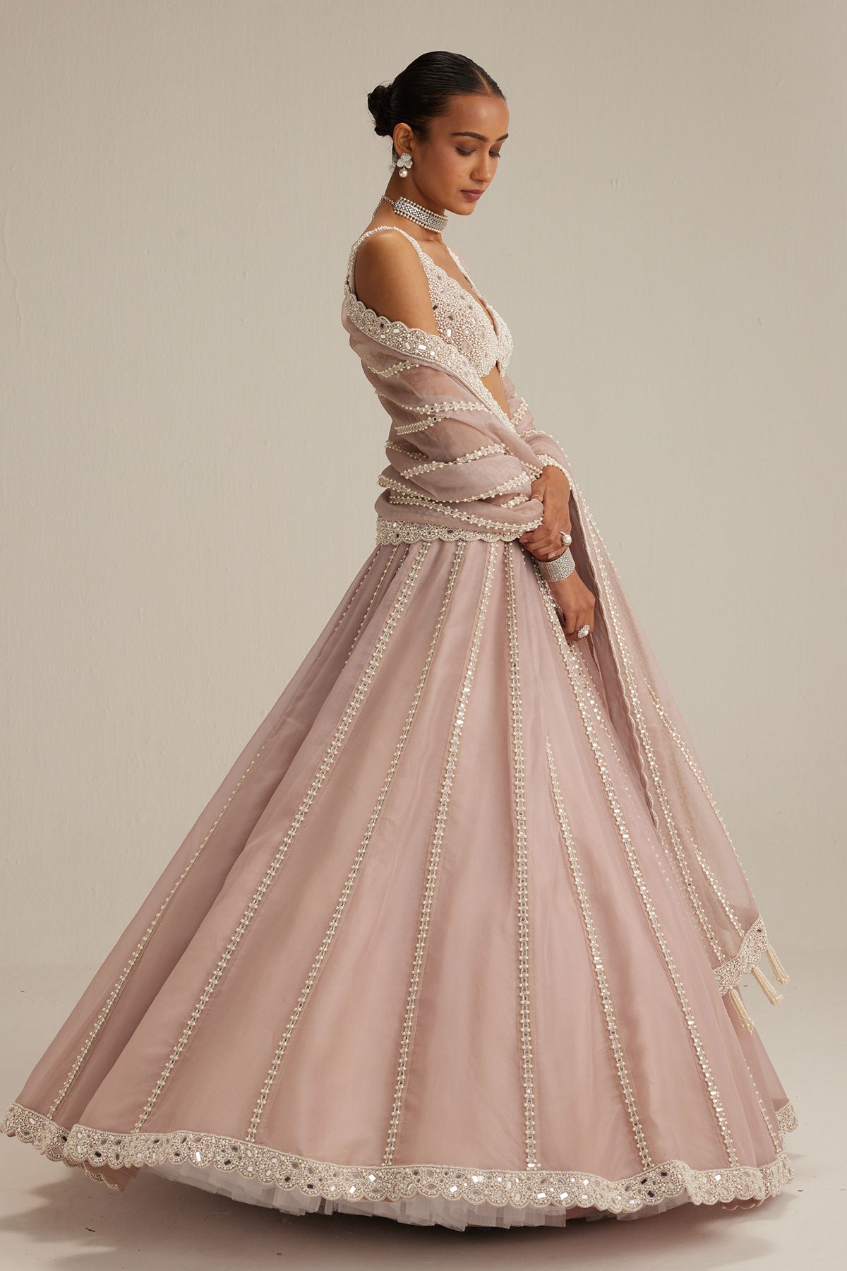 Ash Pink Pearl Mirror linear Lehenga with V neck Blouse