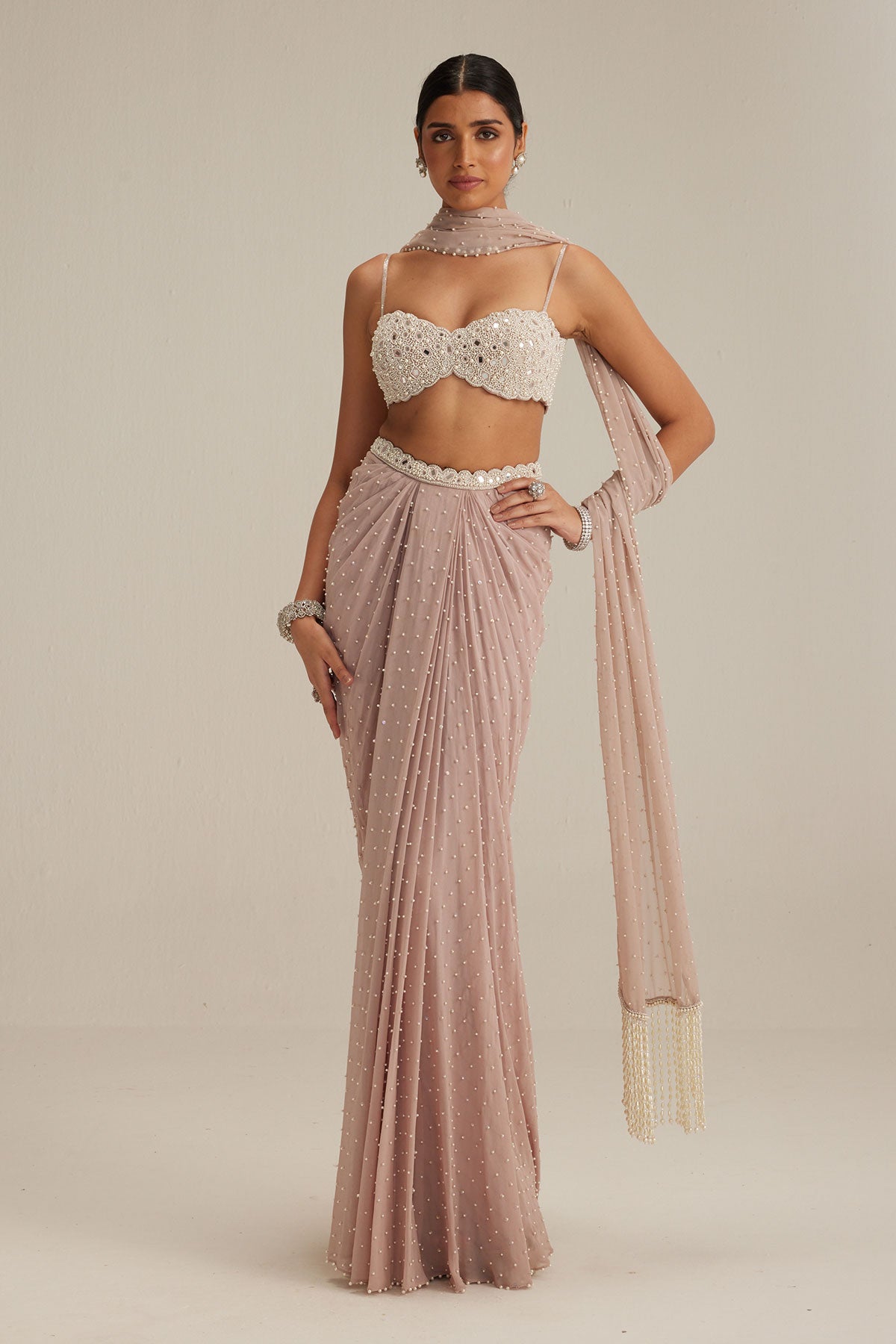 Ash pink Pearl Scattered draped skirt set