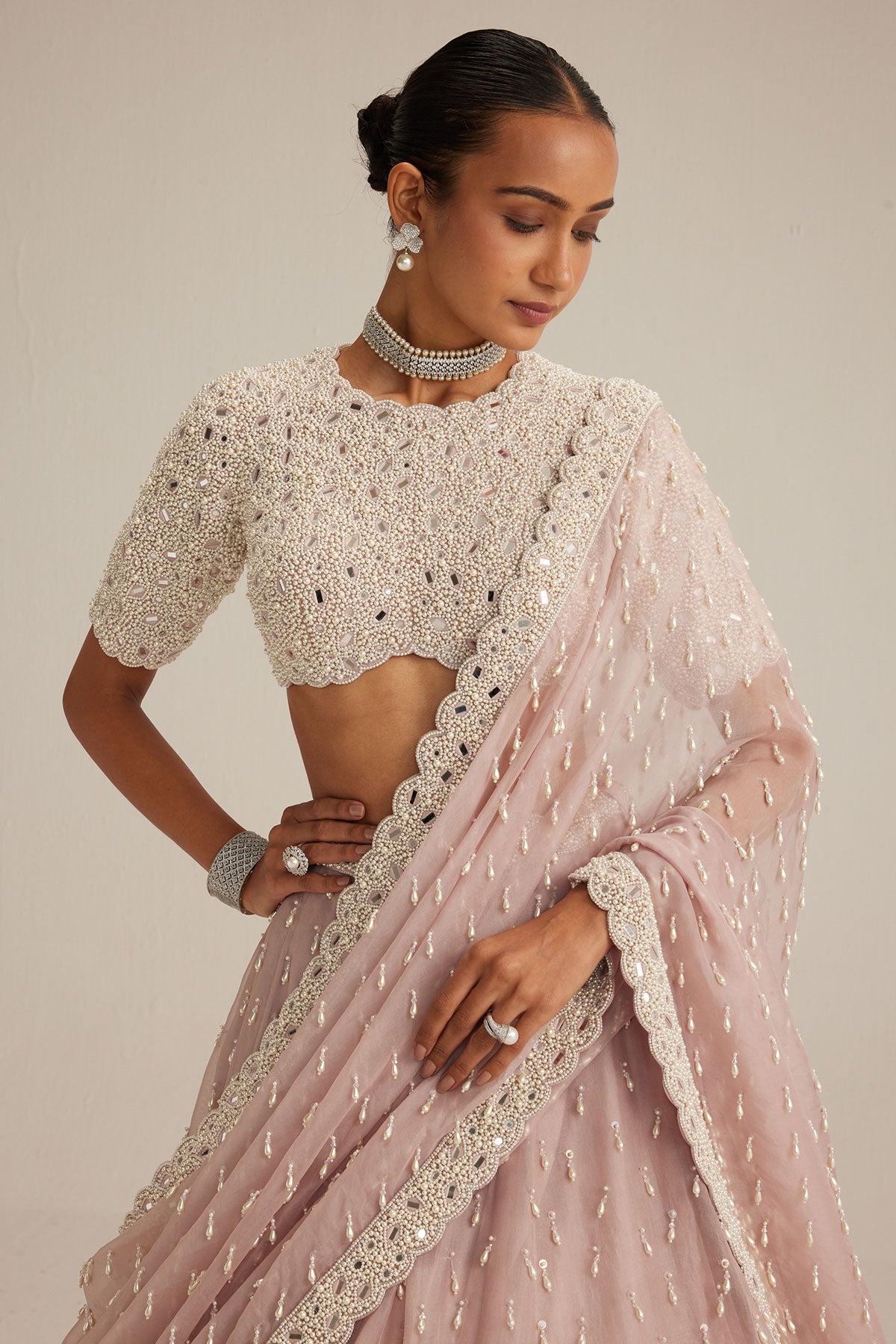 Ash Pink Pearl Drop Lehenga with high neck blouse
