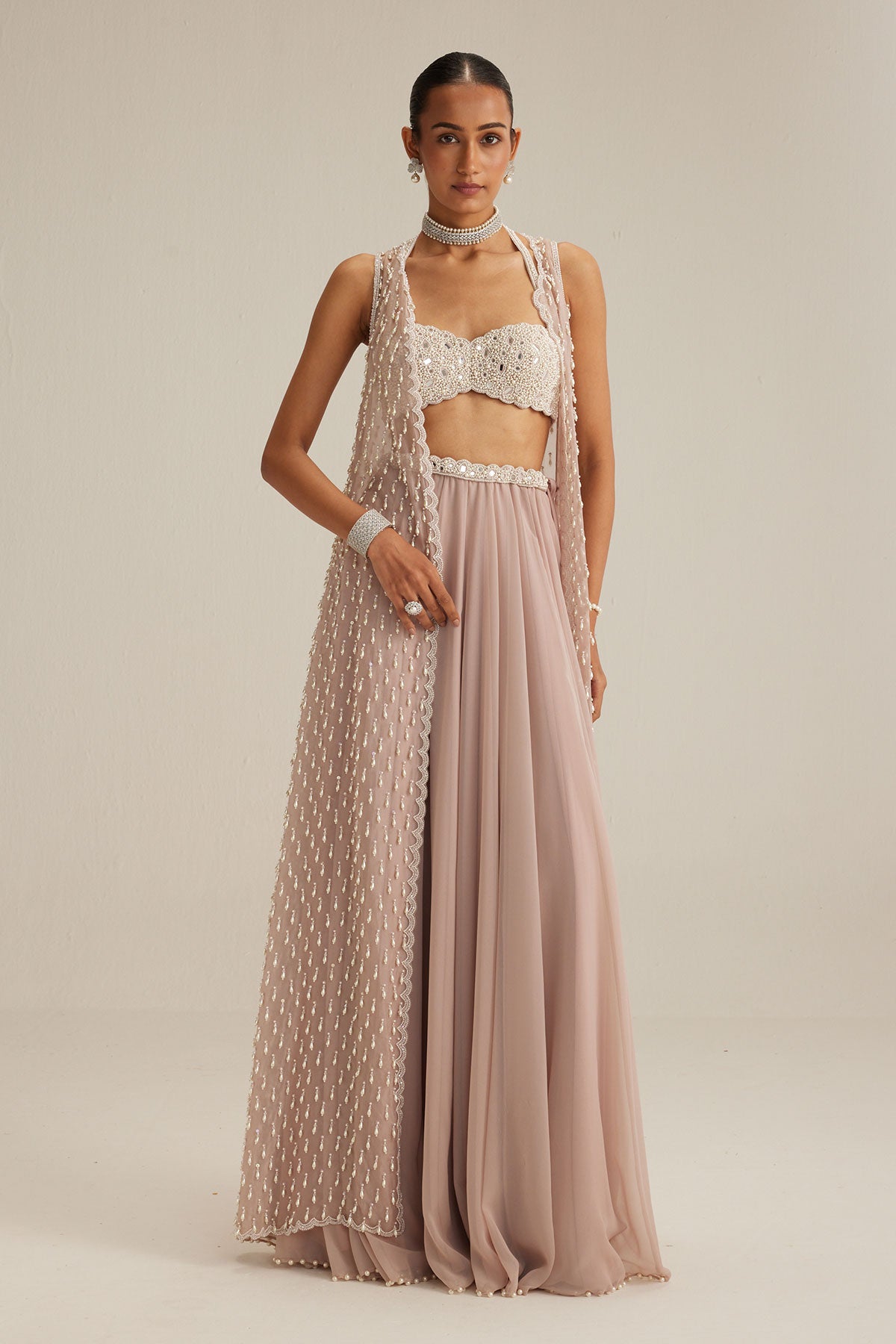 Ash Pink Pearl Drop Jacket Skirt Set