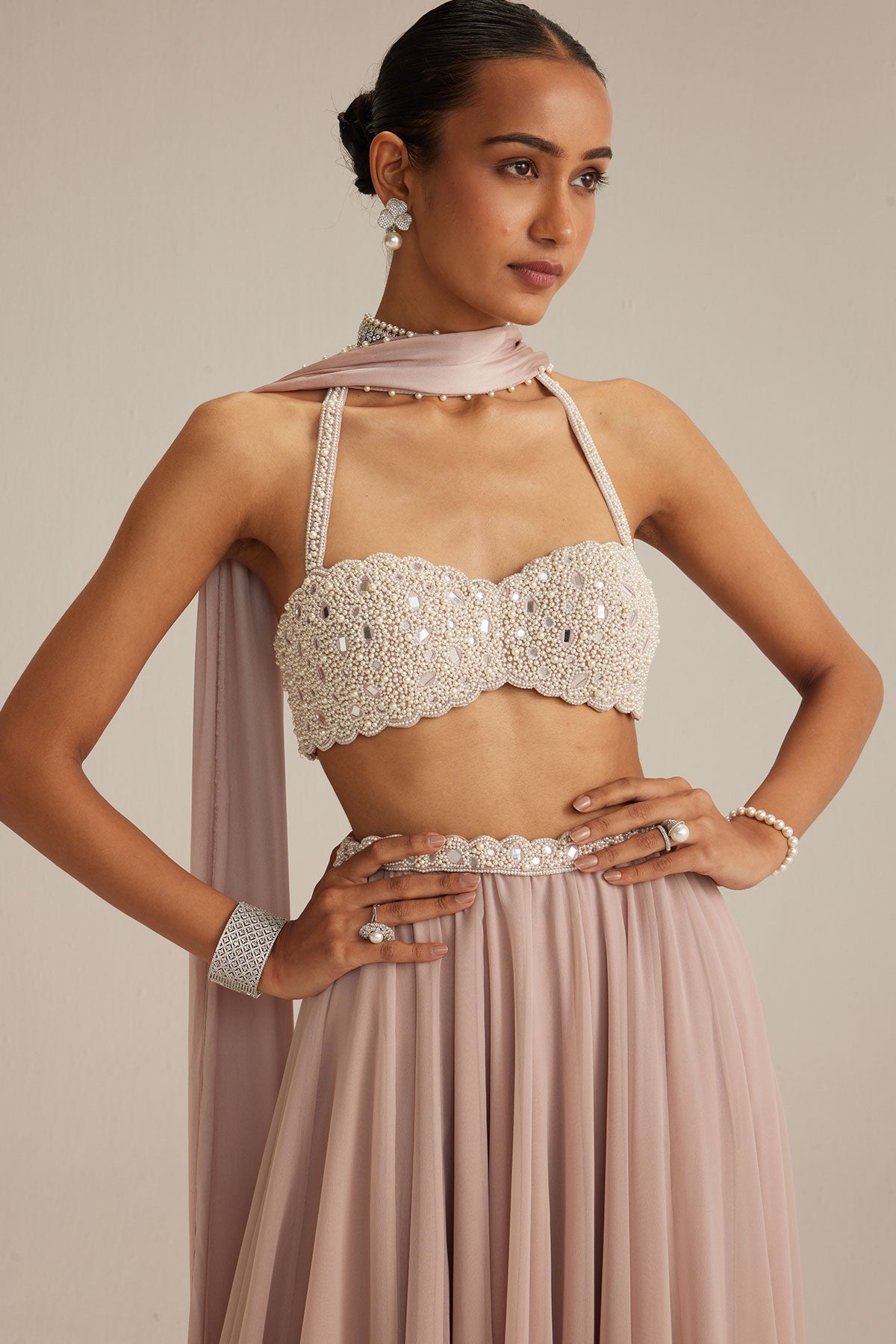 Ash Pink Georgette Skirt with Halter neck Blouse and stole