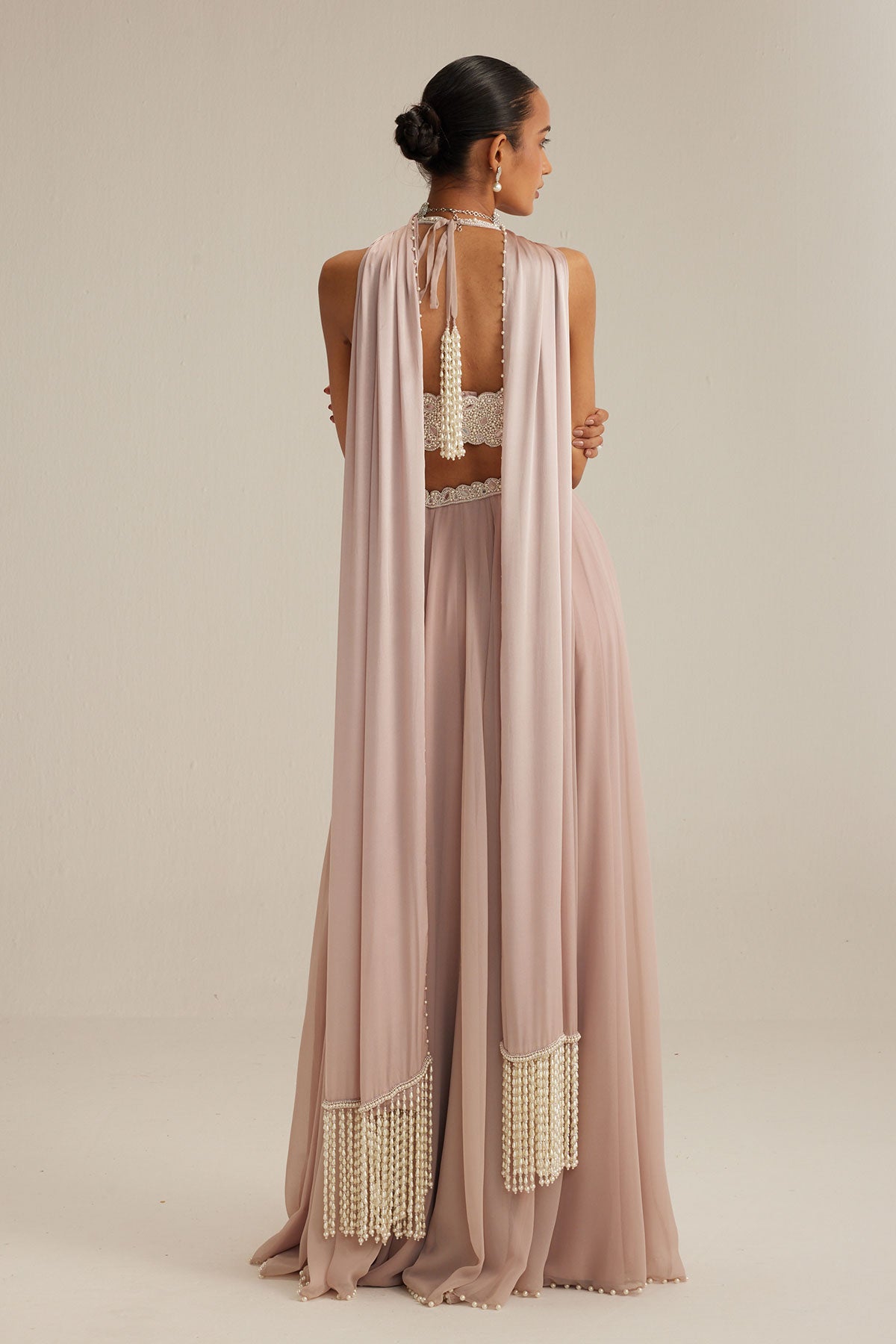 Ash Pink Georgette Skirt with Halter neck Blouse and stole