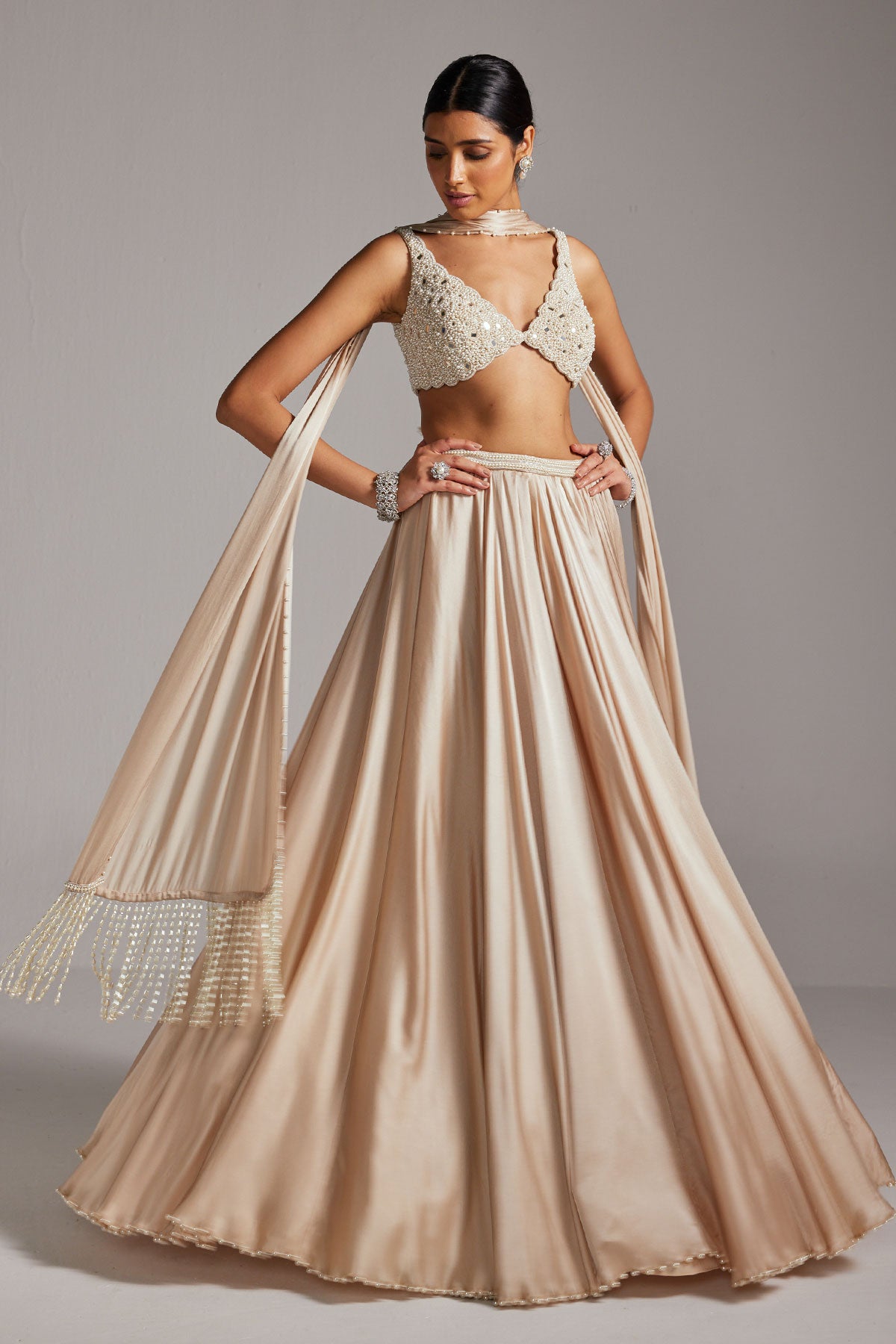 Light Beige V Neck Satin skirt Set