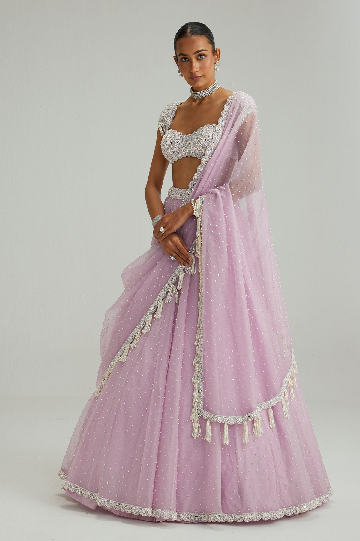 Lavender mirror and pearl lehenga set