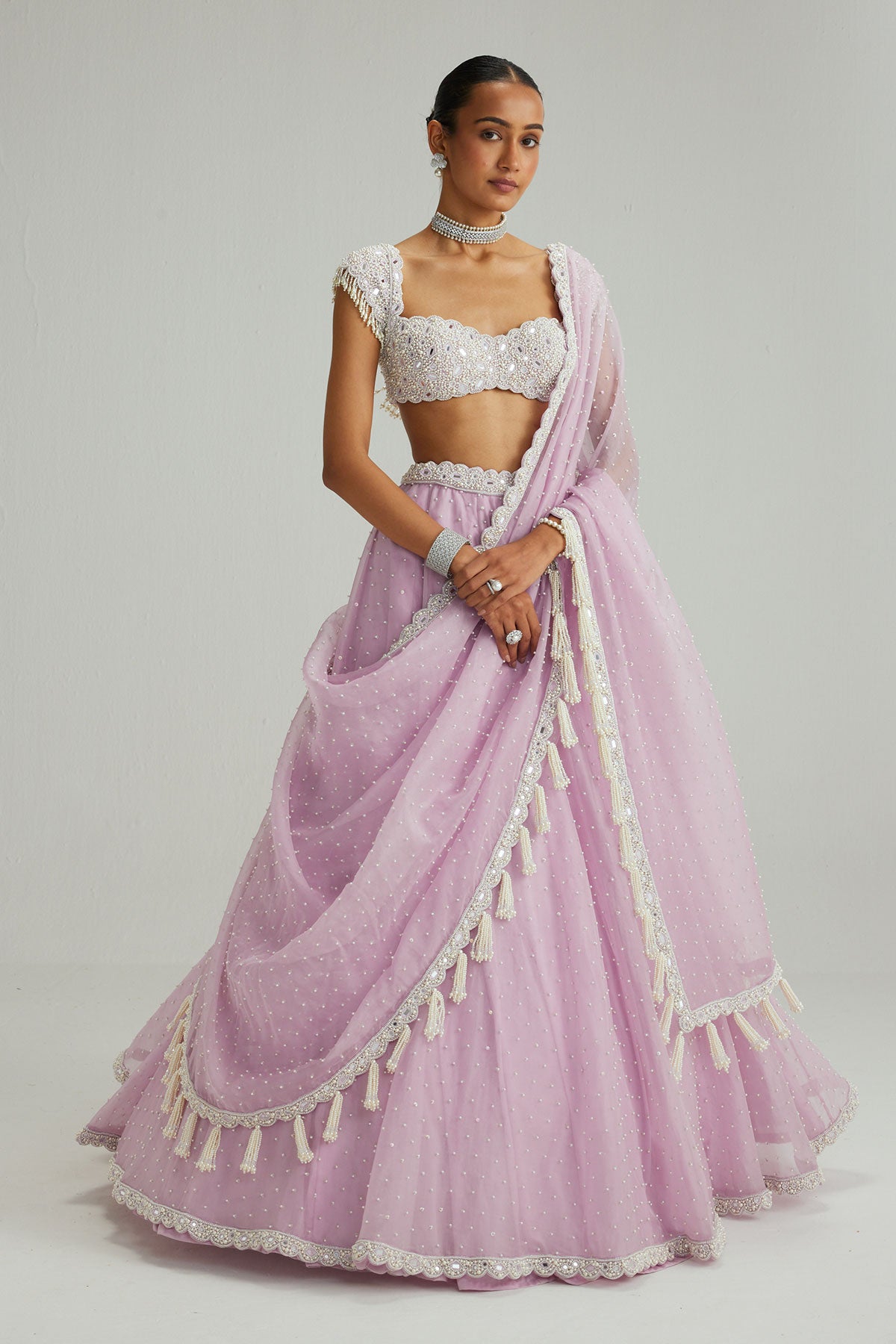 Lavender mirror and pearl lehenga set