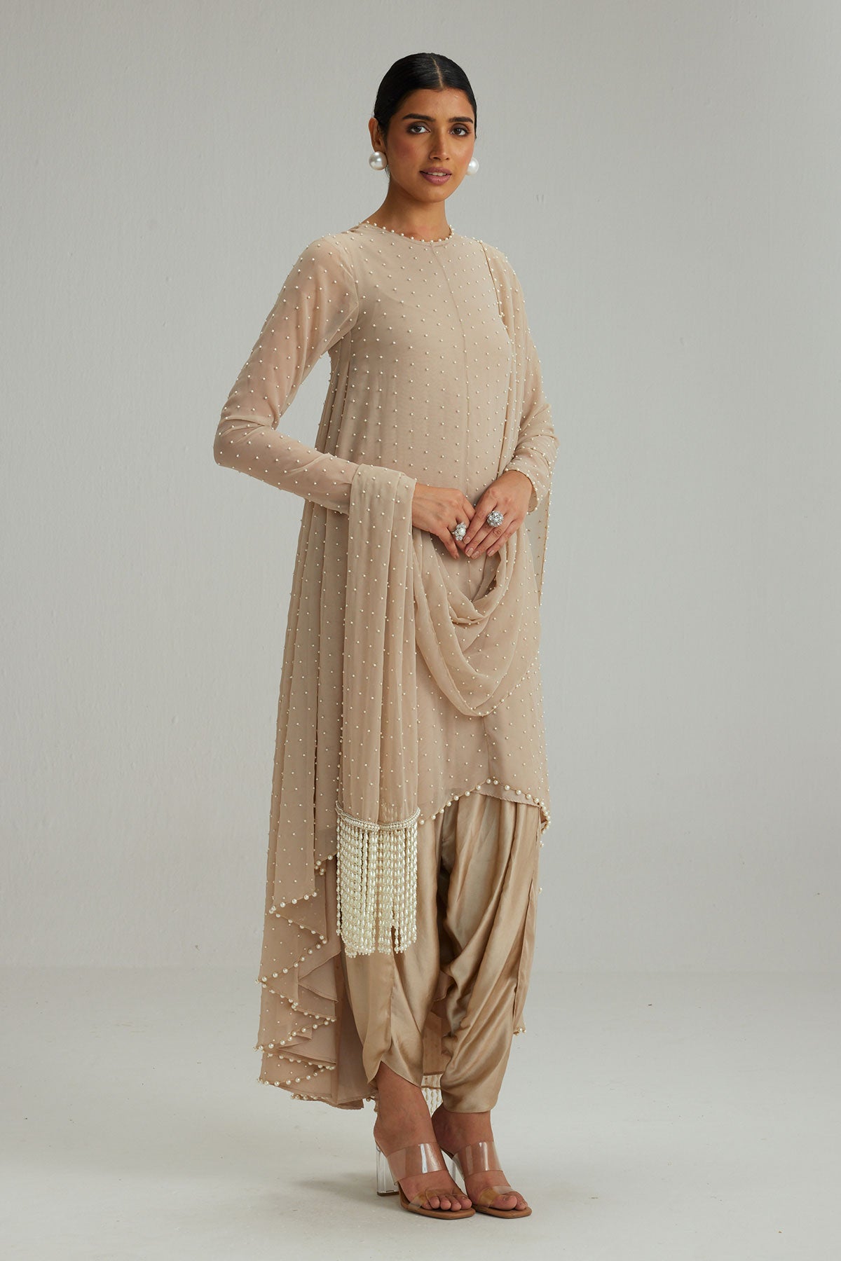 Light Beige pearl Kurta With Stole Set