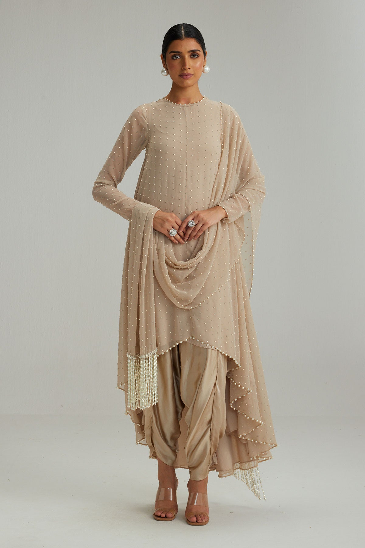 Light Beige pearl Kurta With Stole Set