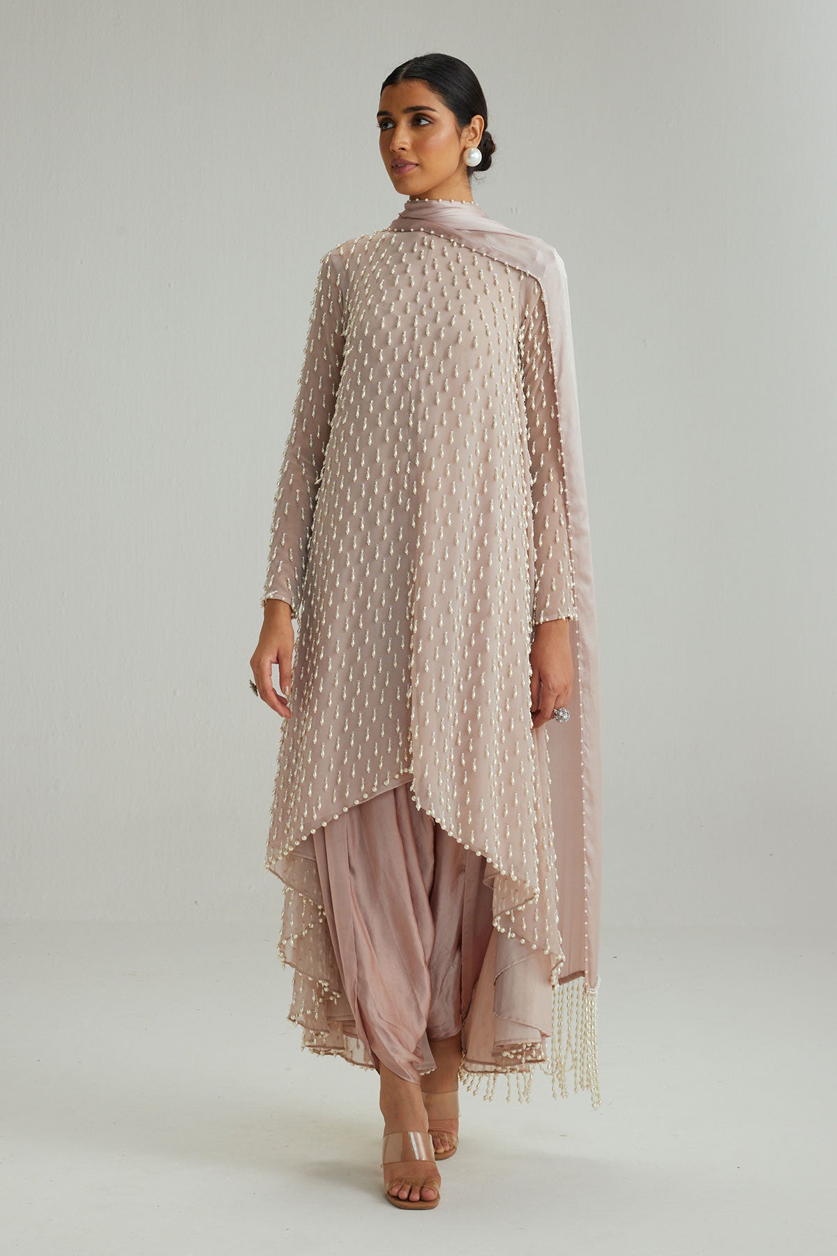 Ash Pink Pearl Drop Kurta set with Dupatta