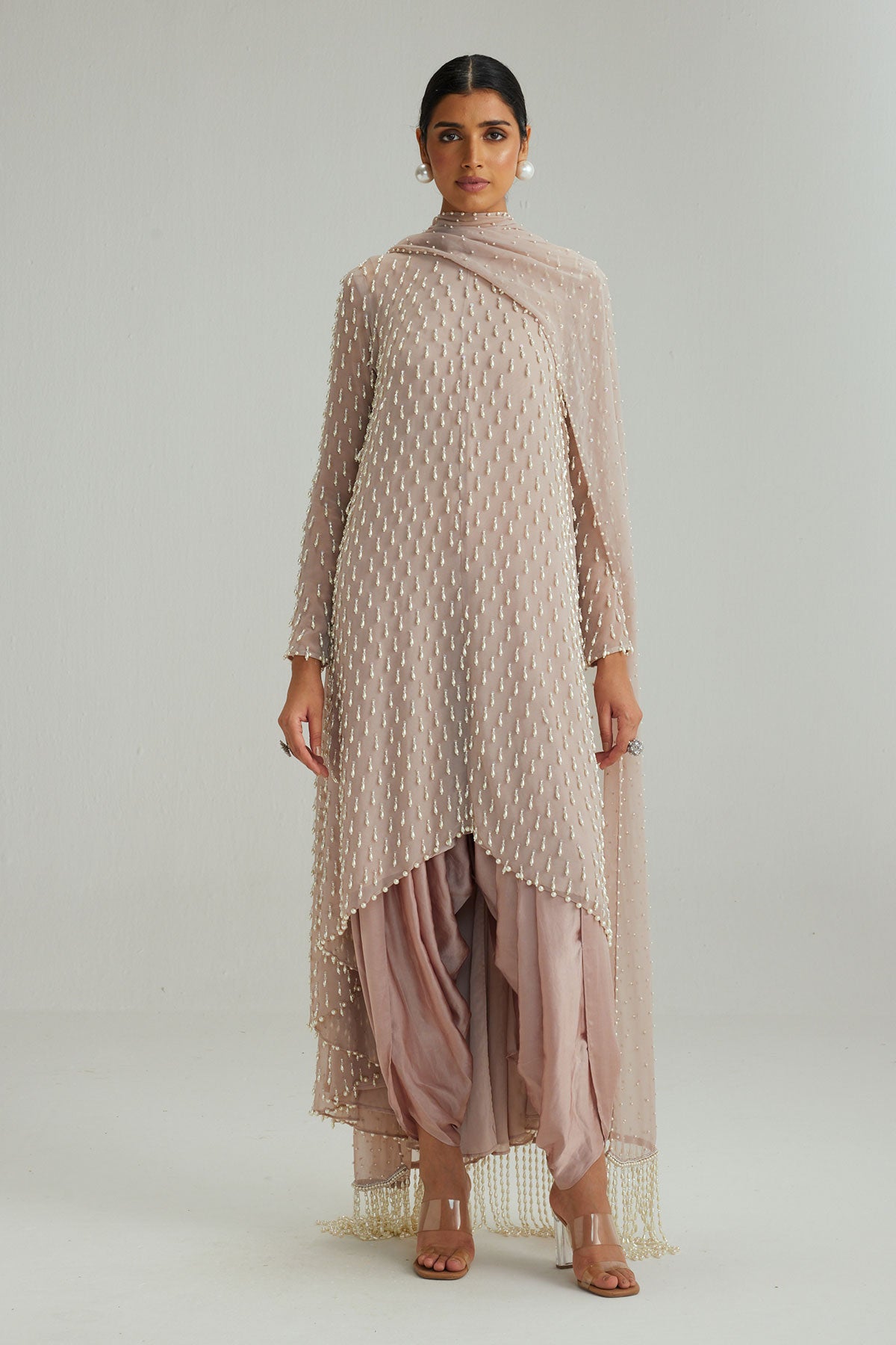 Ash Pink Pearl Drop Kurta set with Dupatta