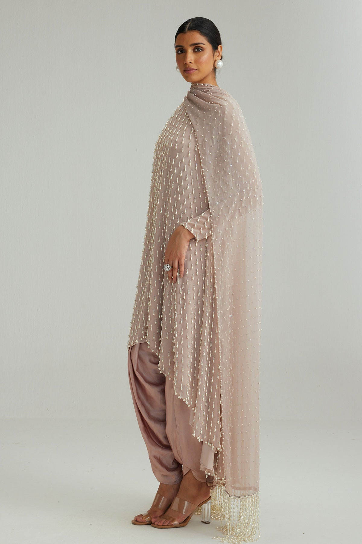 Ash Pink Pearl Drop Kurta set with Dupatta