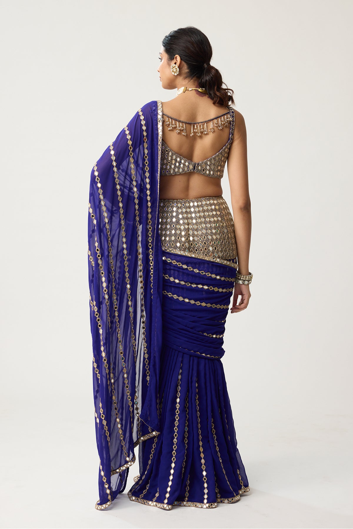 Persian Blue Fitted Linear Mirror Saree Set