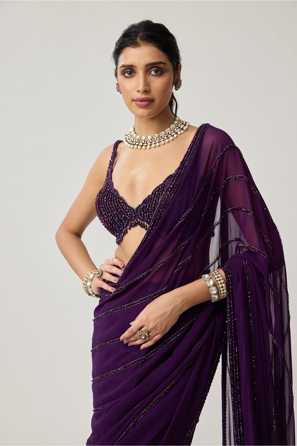 Royalty purple Crystal saree set