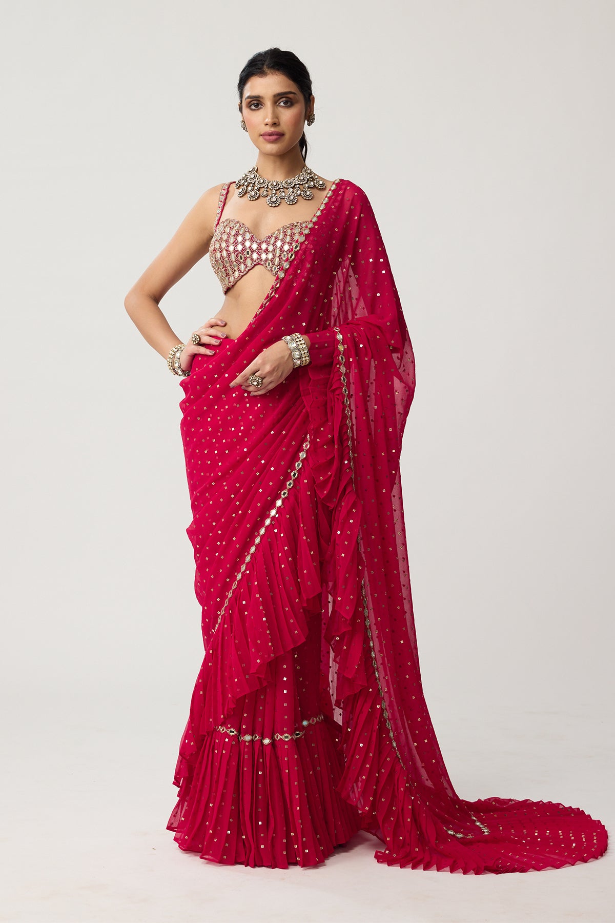 Crimson Red Ruffle Sequins Mirror Saree Set