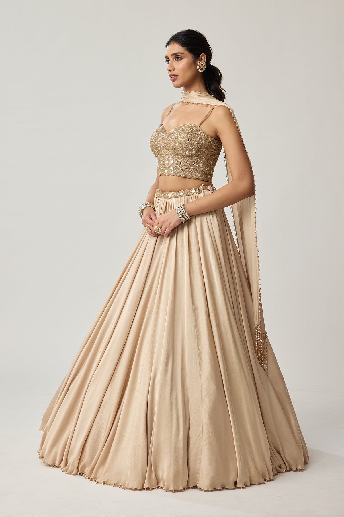 Light Beige Mirror Corset Satin skirt Set