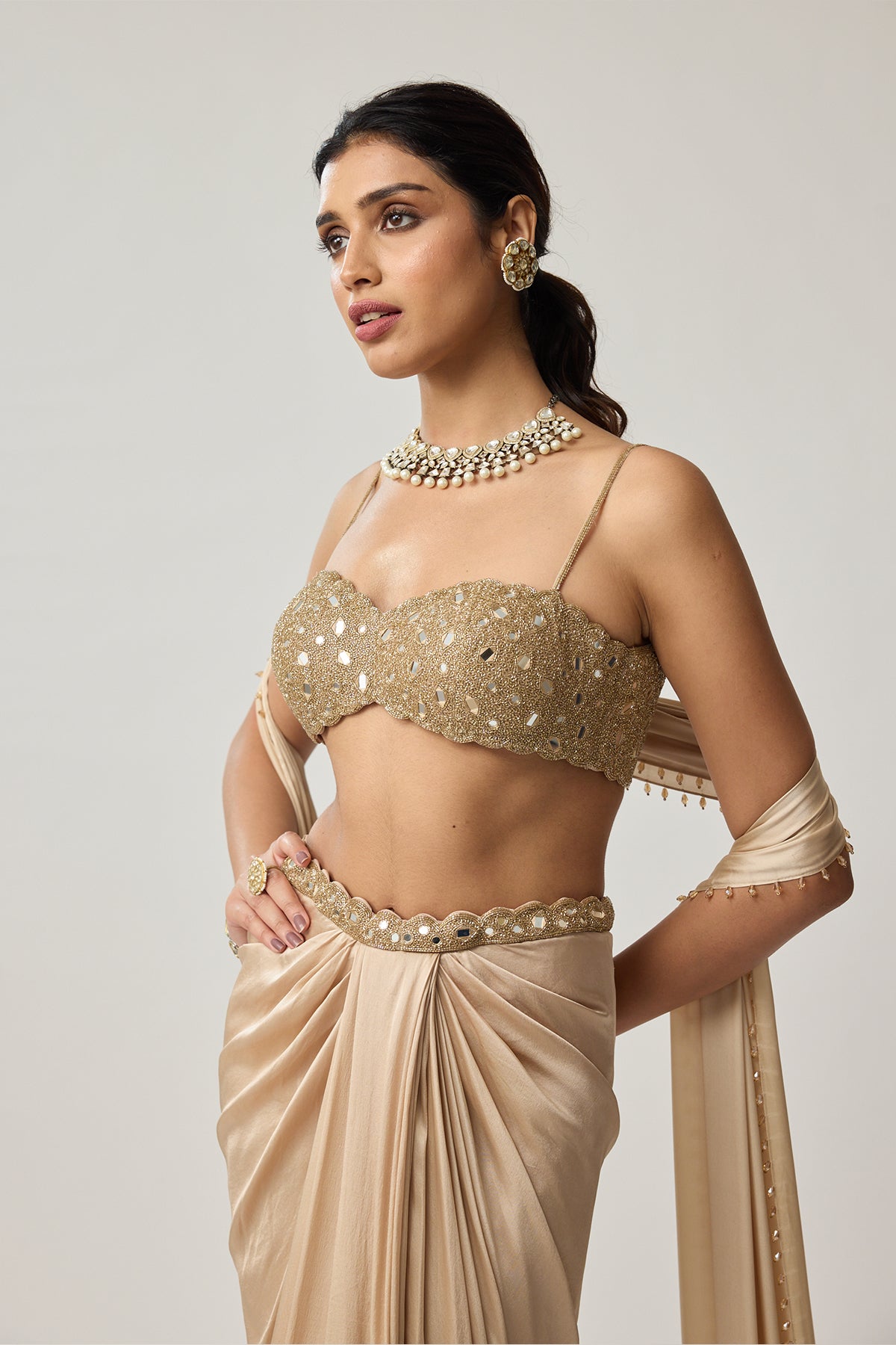 Light beige Mirror Satin draped skirt Set