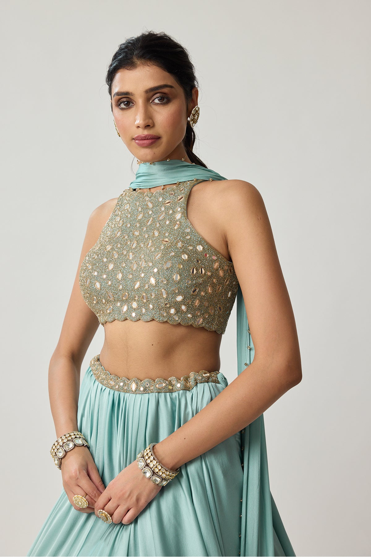 Powder Blue Mirror Satin skirt Set