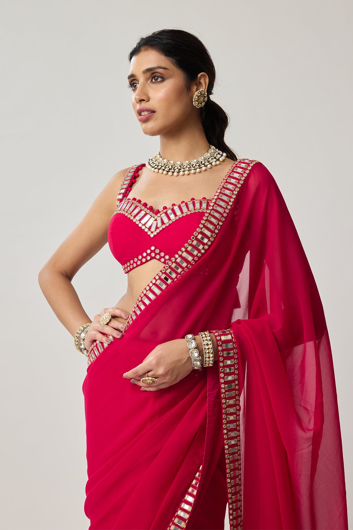 Crimson Red Mirror embroidered Georgette Saree Set