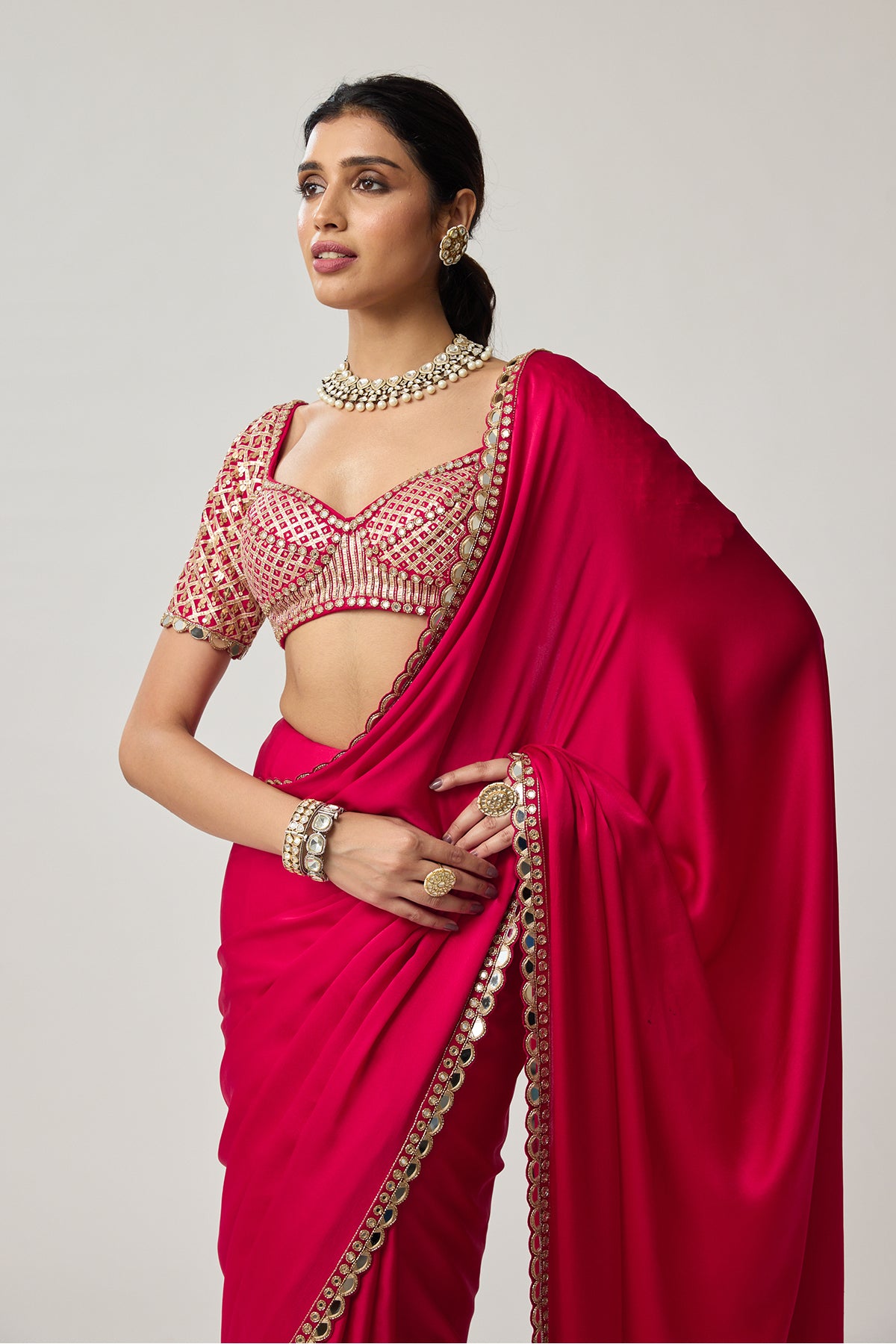 Crimson Red Gota Mirror Satin Saree Set