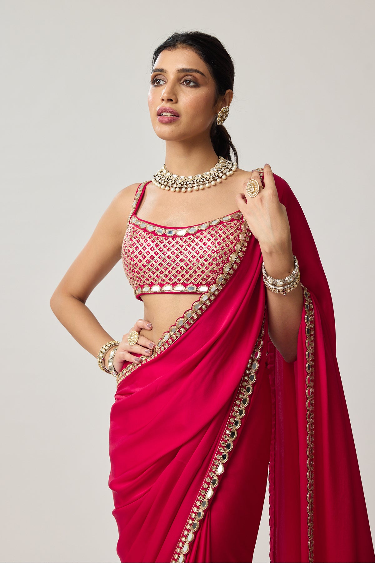 Crimson Red Gota And Mirror Embroidered Saree Set