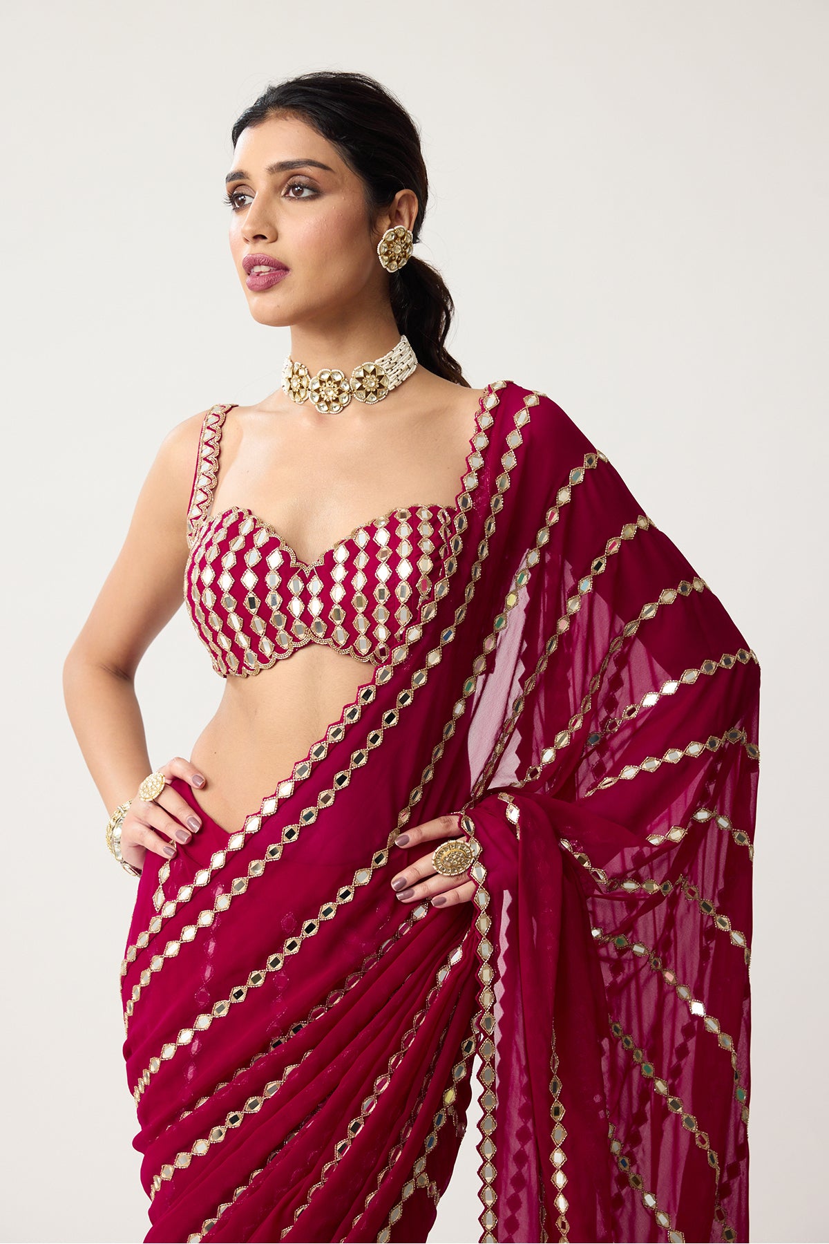 Ruby red Linear Mirror Saree Set