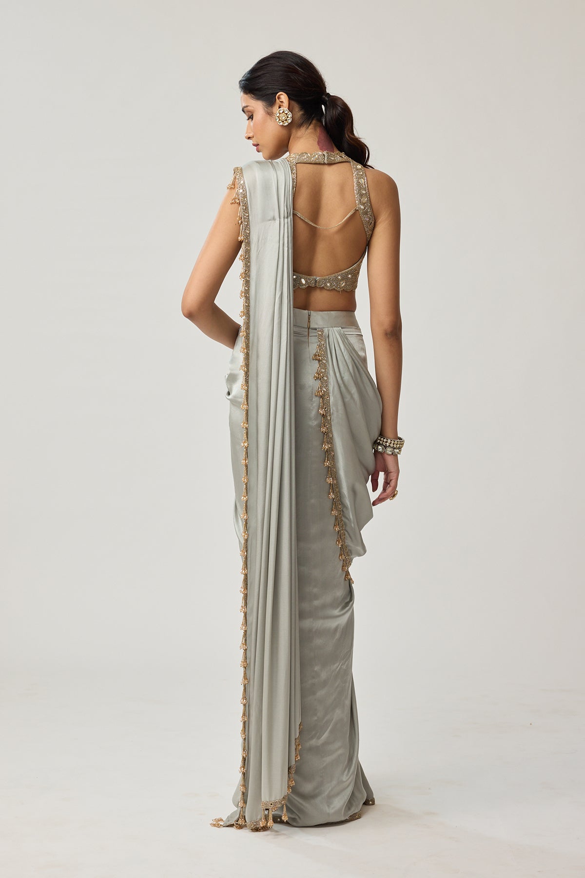 Powder Grey Mirror Satin Saree Set