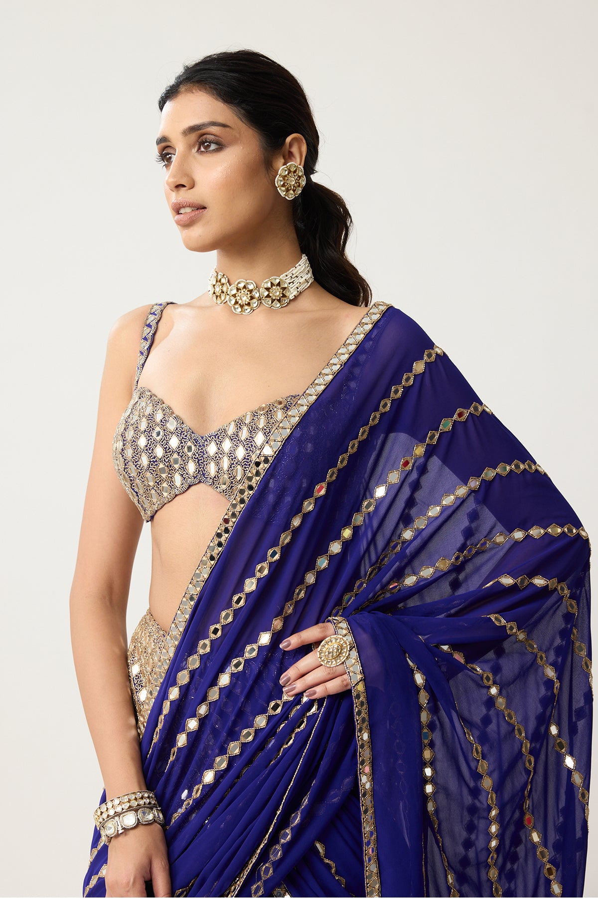 Persian Blue Fitted Linear Mirror Saree Set