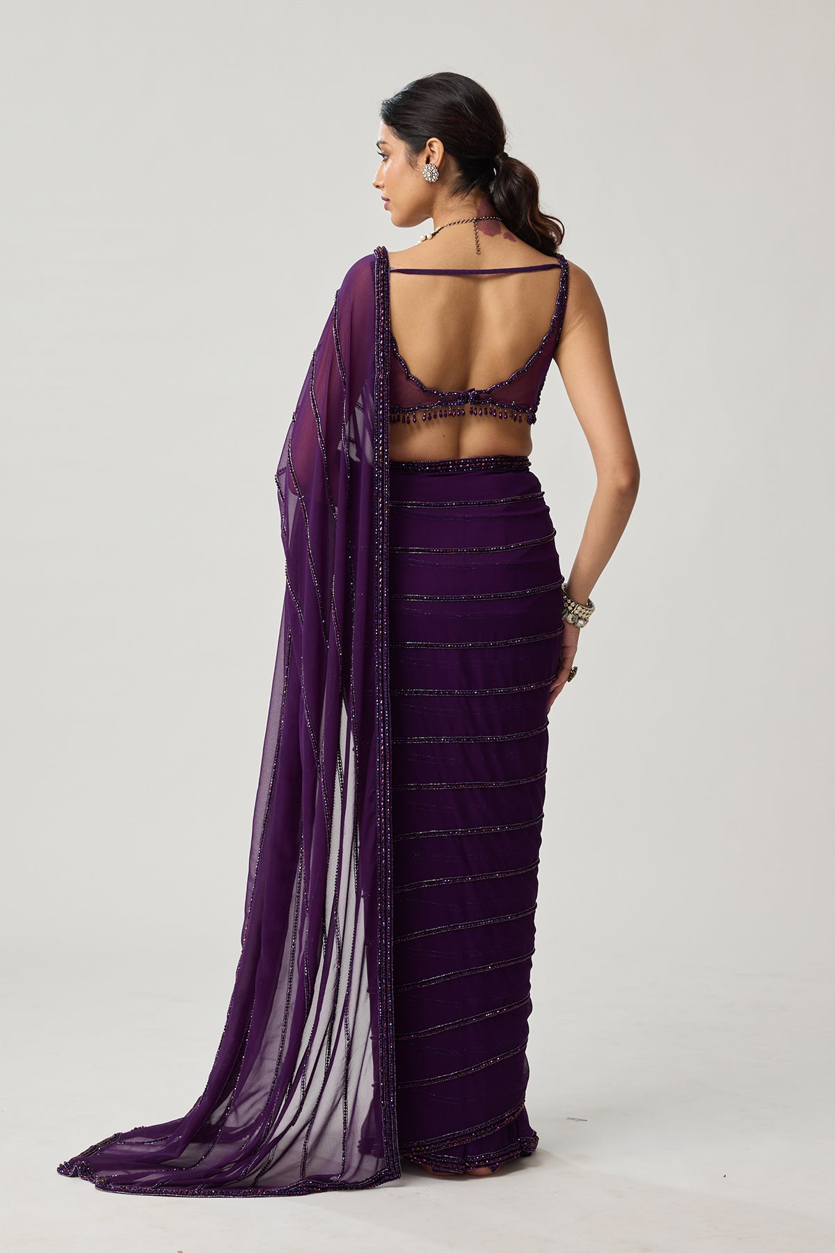 Royalty purple Crystal saree set