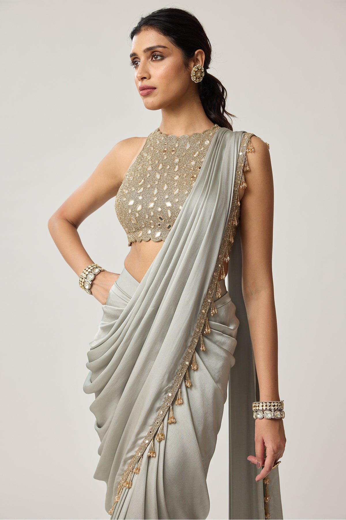 Powder Grey Mirror Satin Saree Set