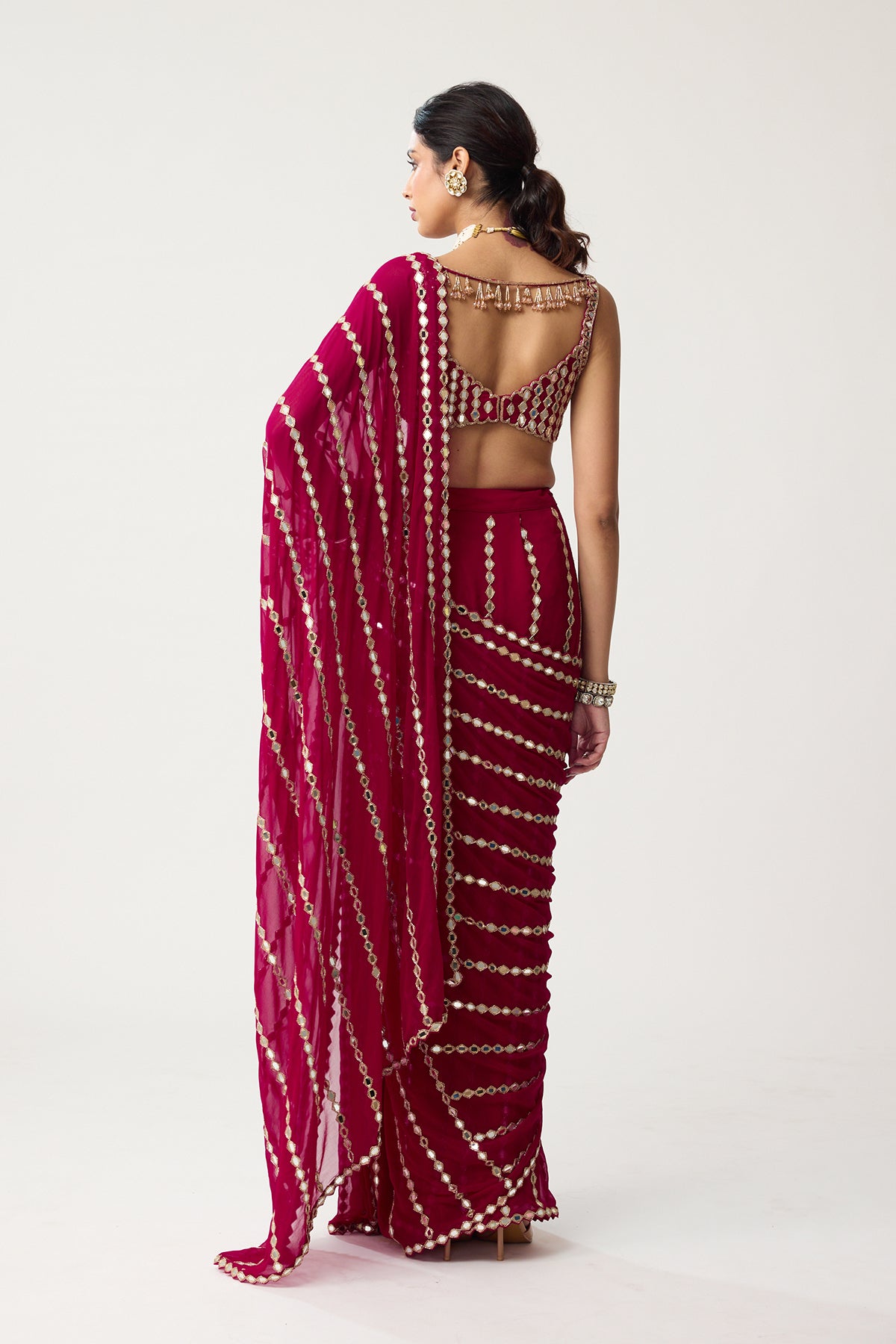 Ruby red Linear Mirror Saree Set