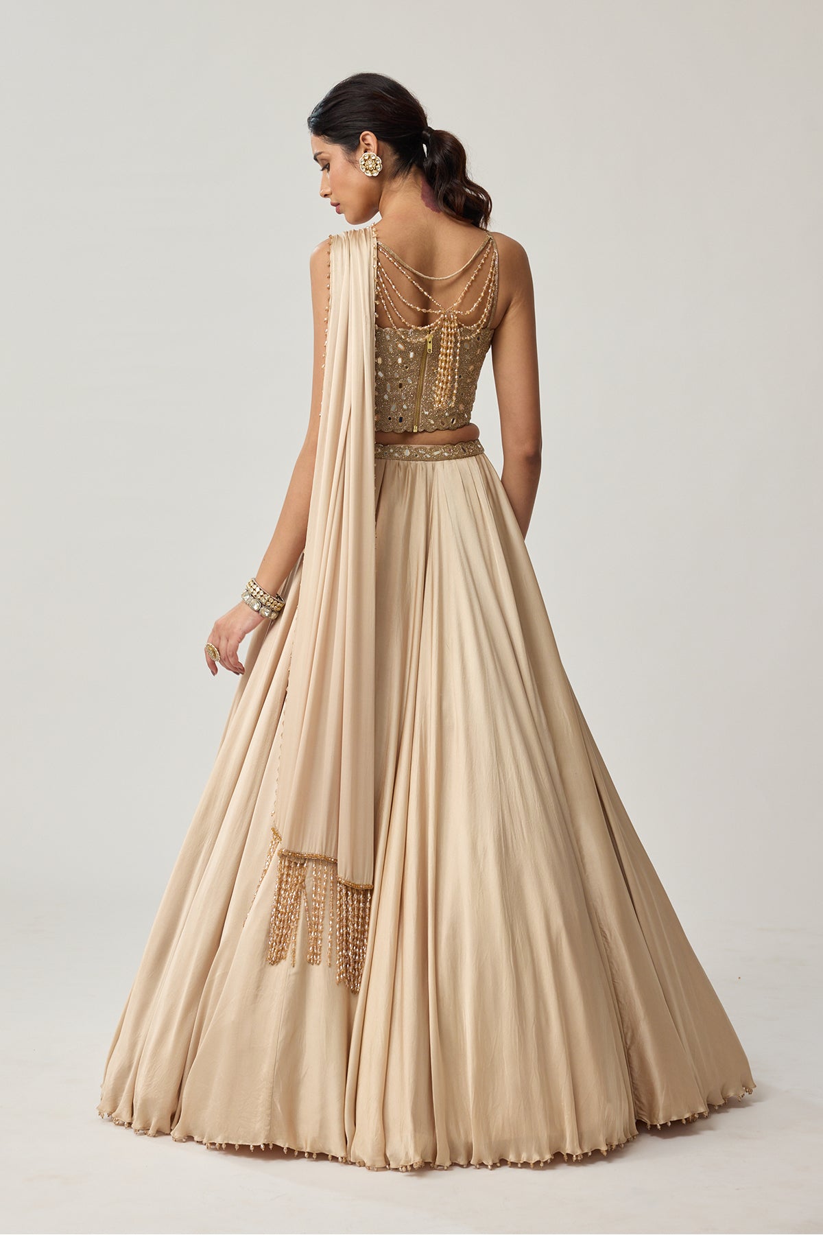 Light Beige Mirror Corset Satin skirt Set