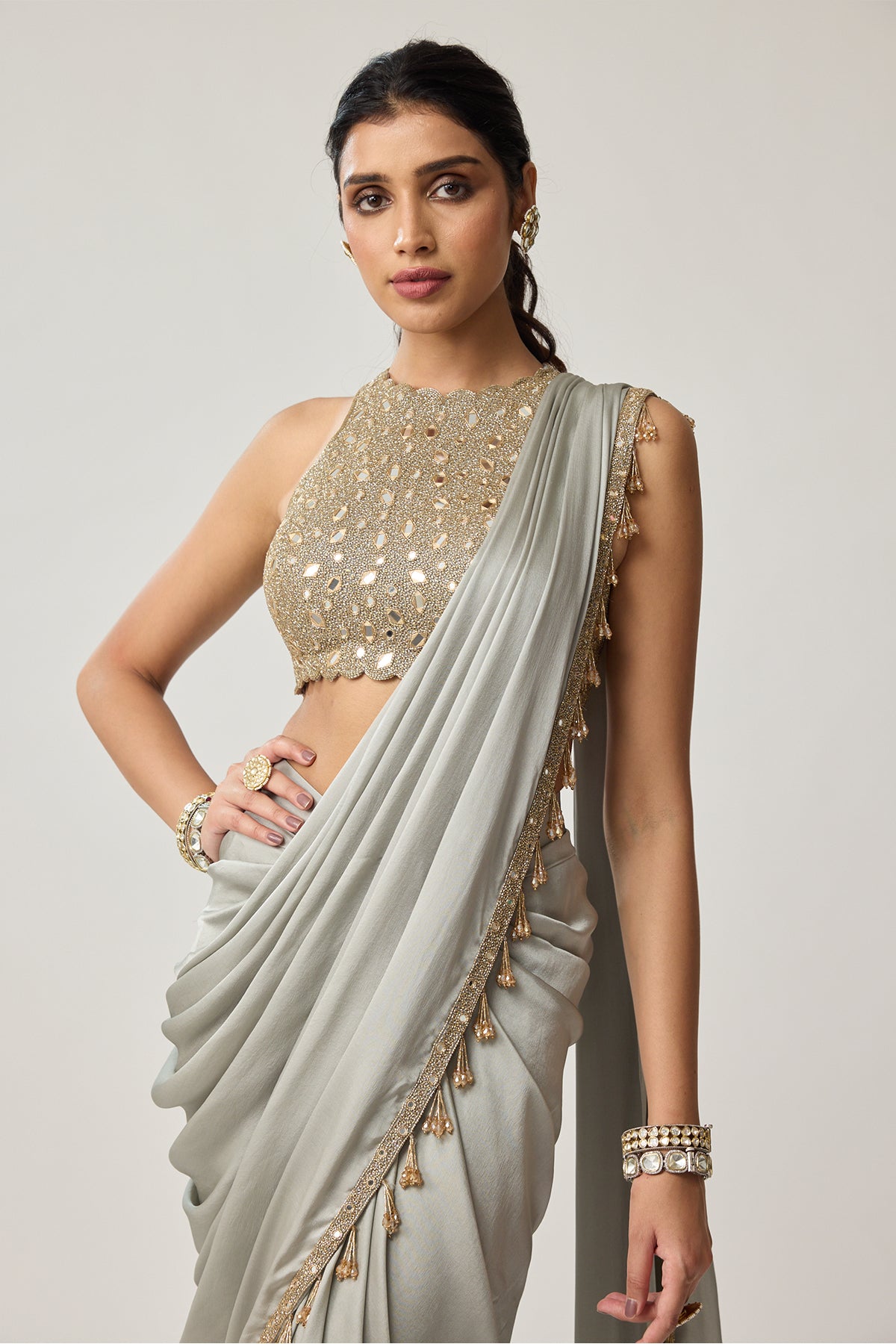 Powder Grey Mirror Satin Saree Set